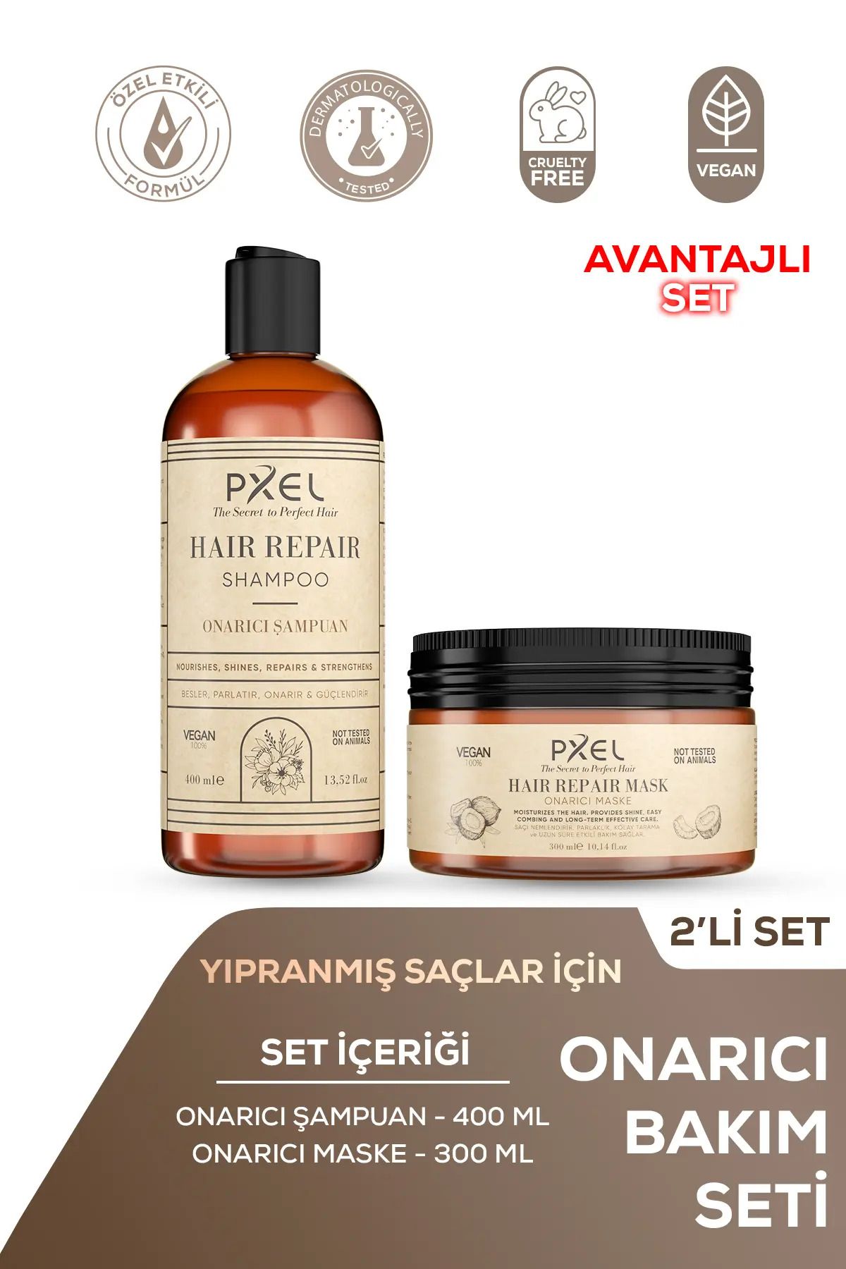 ONARICI ŞAMPUAN – MASKE 2’Lİ SET | YIPRANMIŞ VE KURU SAÇLAR İÇİN YOĞUN BAKIM |400 ML, 300 ML