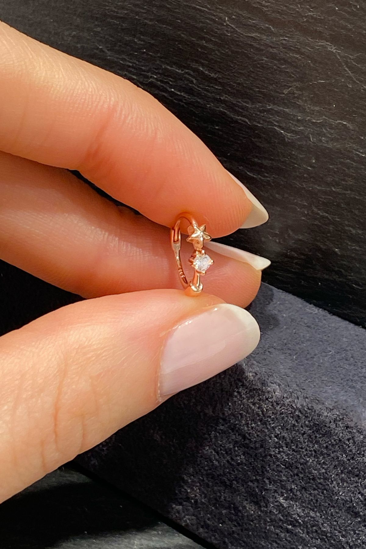 La femme by begum Taşsız Denizyıldızı Ve Yuvarlak Beyaz Tektaş Rose Gümüş Halka Piercing,helix,tragus, Kıkırdak Küpesi