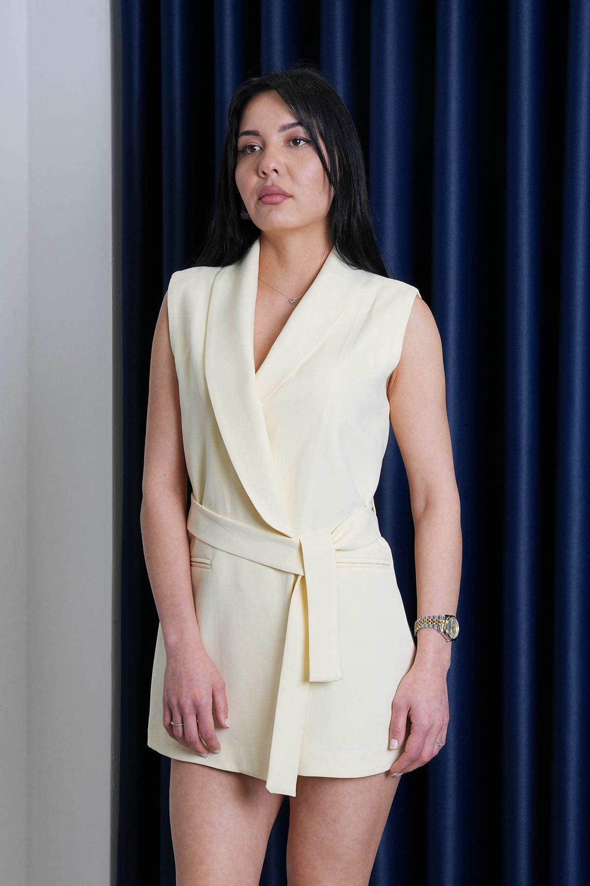 Stil Sepeti-Women's Yellow Premium Double Breasted Collar Lined Belted Long Blazer Vest Drl- 100078556 5