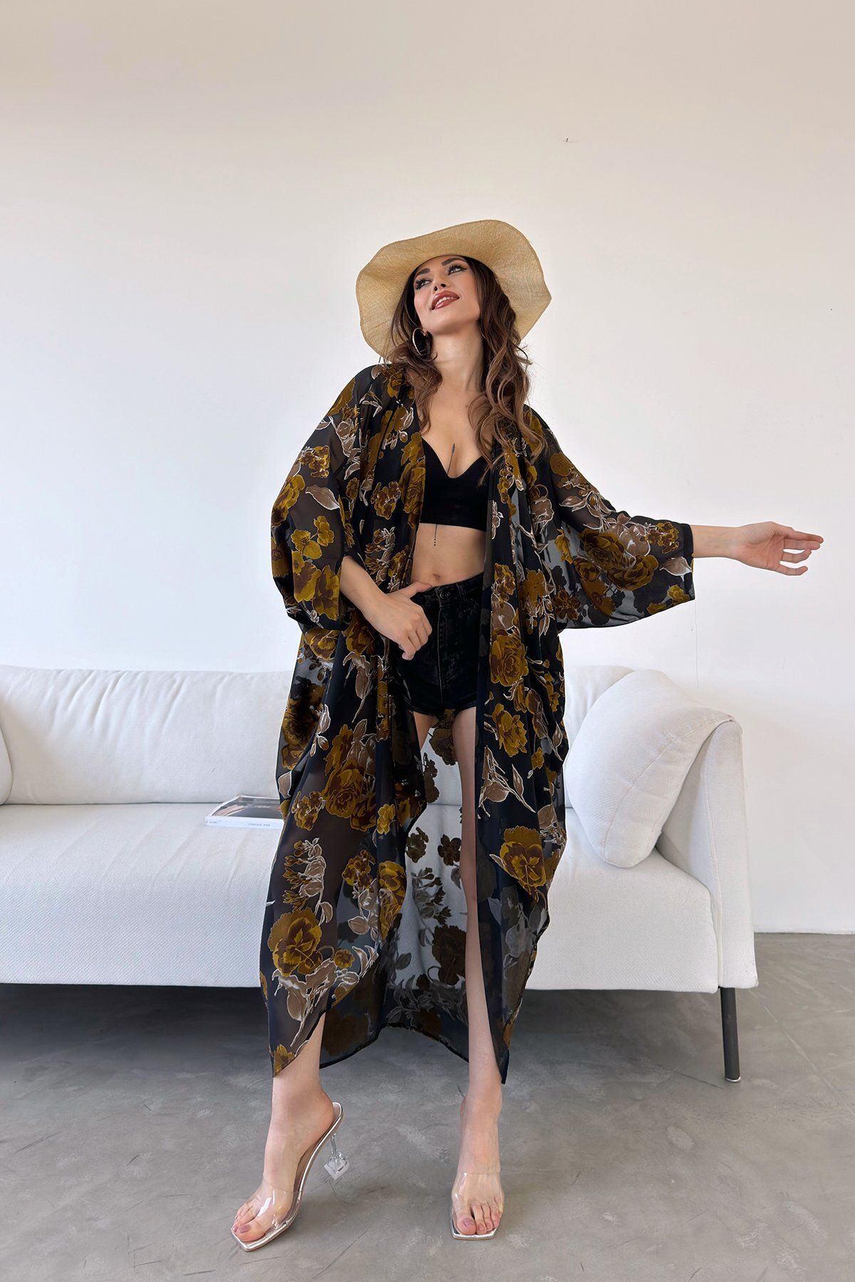 PİNK STAR Çiçek Desenli Şifon Uzun Kimono