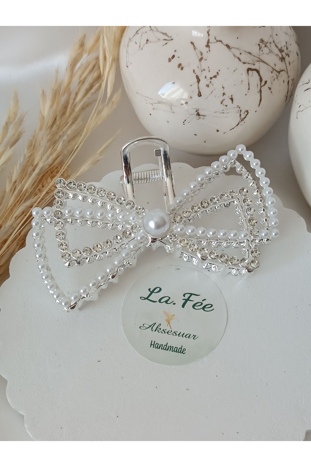 La fee aksesuar Fiyonk kadın toka - kurdela saç tokası metal & inci detay toka metal