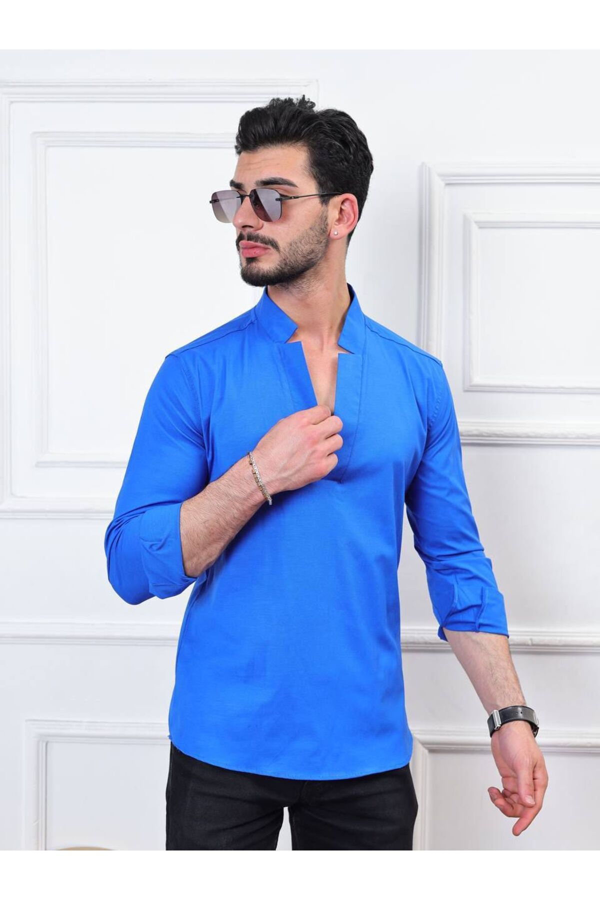 Alpha star Poplin likralı V yaka regular gömlek