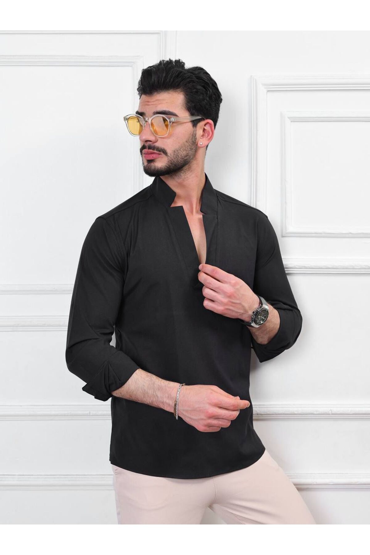 Alpha star Poplin likralı V yaka regular gömlek