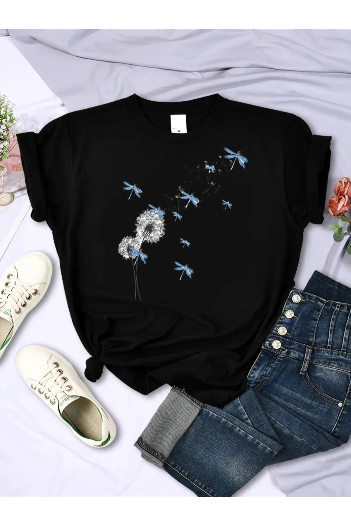FeaR LeeS karahindiba suluboya aşk kadın moda T-shirt