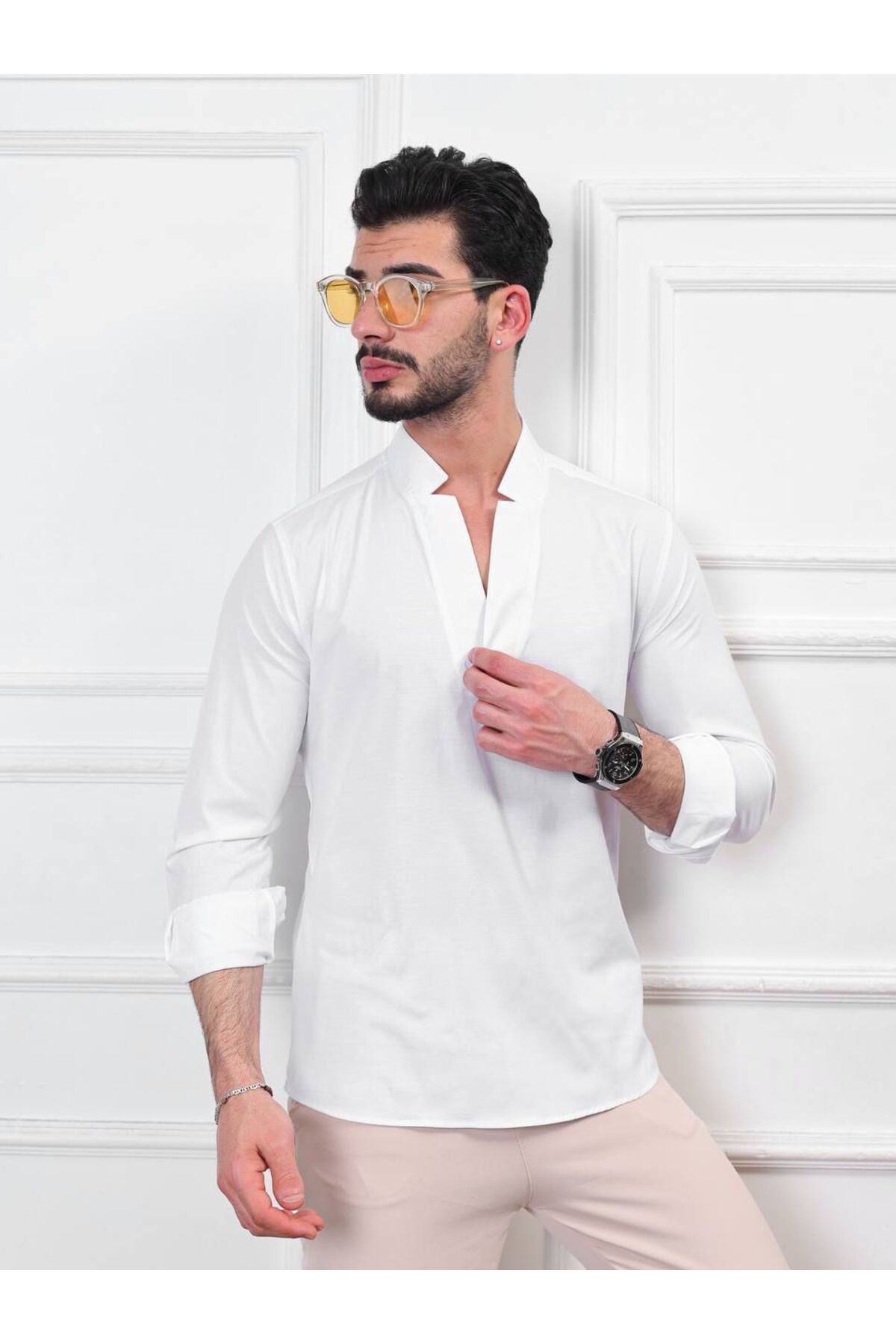 Alpha star Poplin likralı V yaka regular gömlek