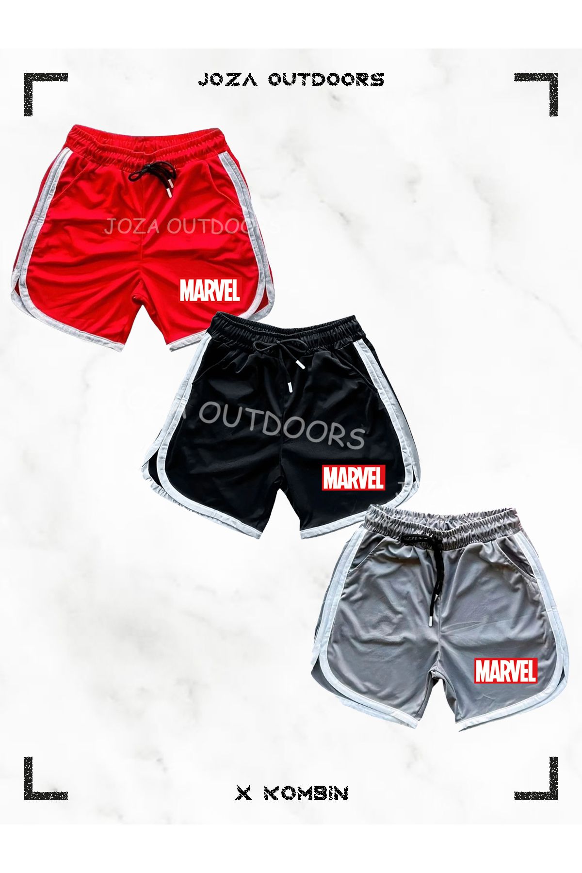 Joza Outdoors Kırmızı-Gri-Siyah Marvel Baskılı File Basketbol Antreman Sporcu Şortu Çizgi Detaylı 3'lü Set