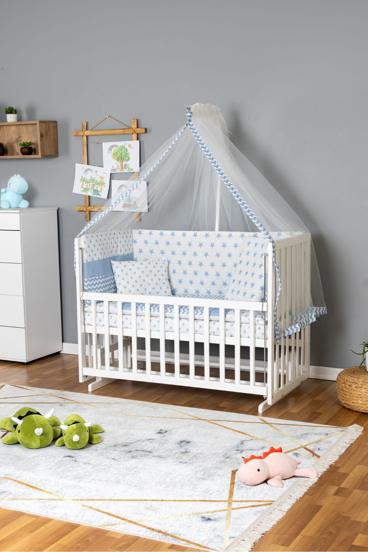 Bamgidoo Ahşap Beşik Anne Yanı Bebek Beşiği Beyaz 70x130 - Mavi Yıldız 1 Yastıklı Uyku Seti Yataklı