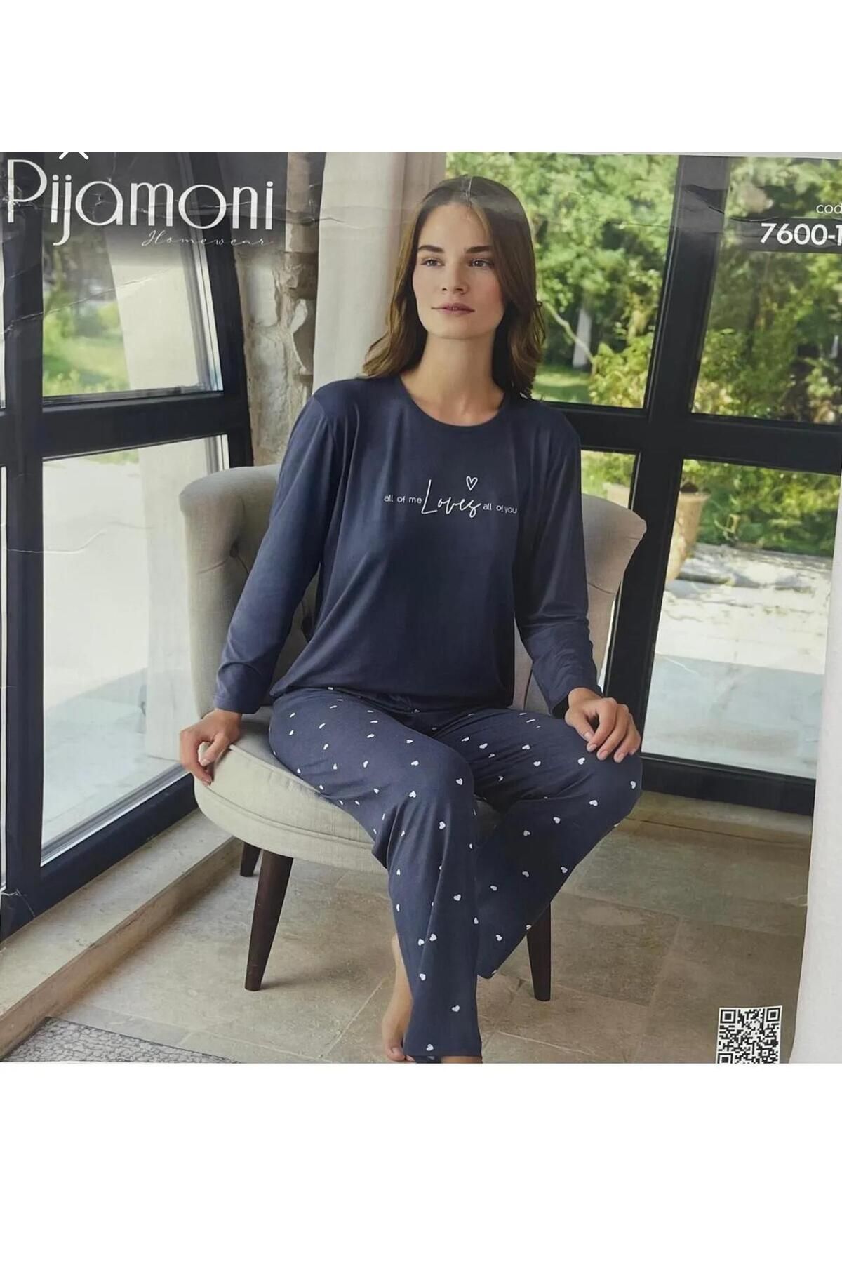 Pijamoni KOYU GRİ MİLAN KUMAŞ MEVSİMLİK KALPLİ PİJAMA NOONLINE234567XXX