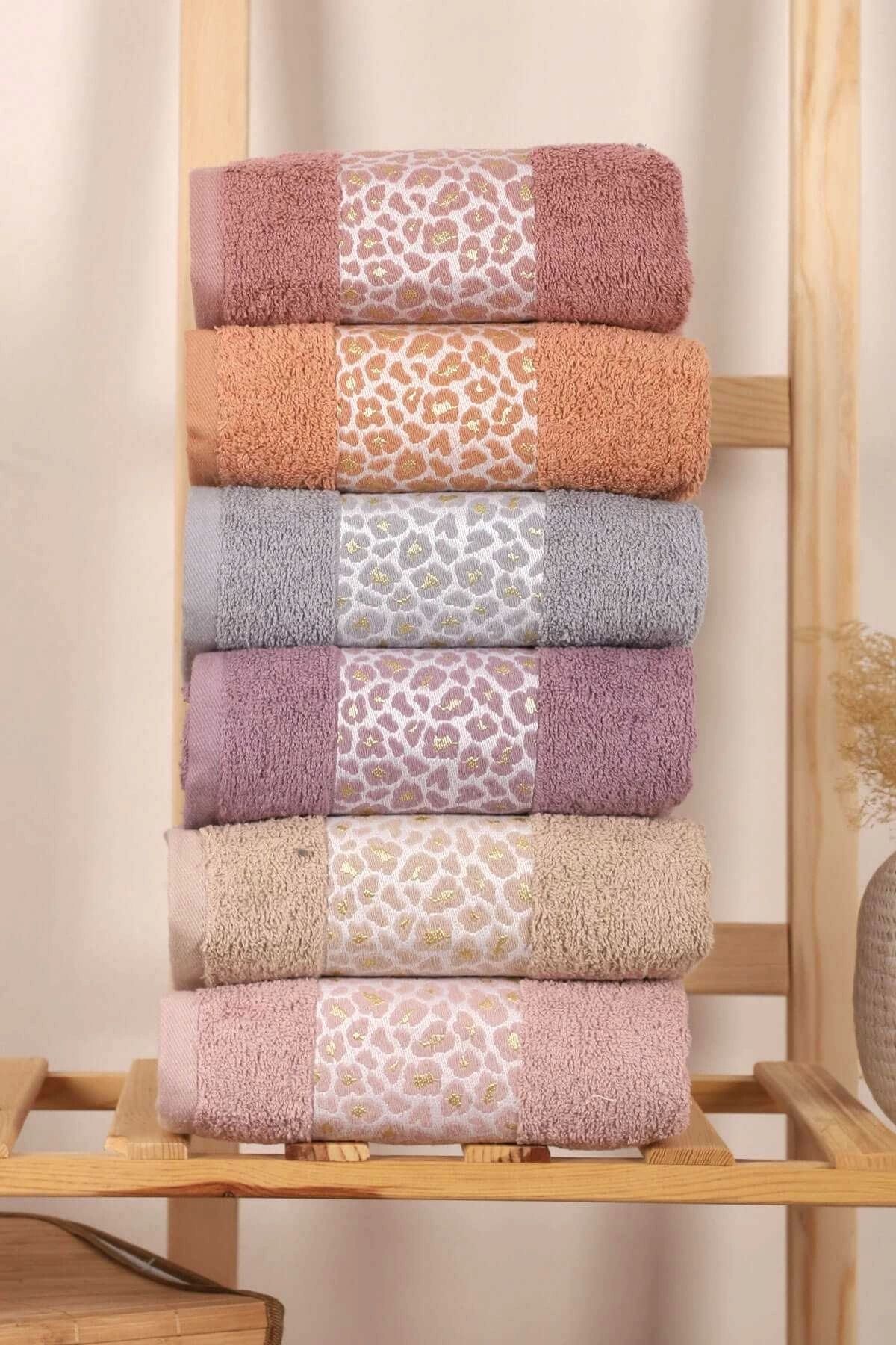 Mira Home 6 lı %100 Pamuklu El Yüz Havlu Seti Renkli Leopar Desen 50x90 Cm