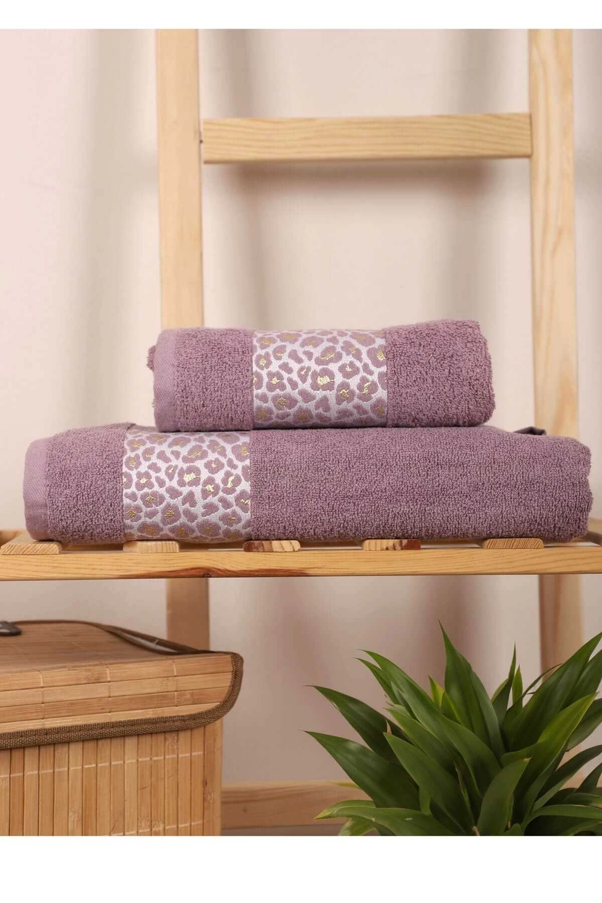 Mira Home 2 Parça %100 Pamuklu Banyo Havlu Seti Leopar Desen Mor