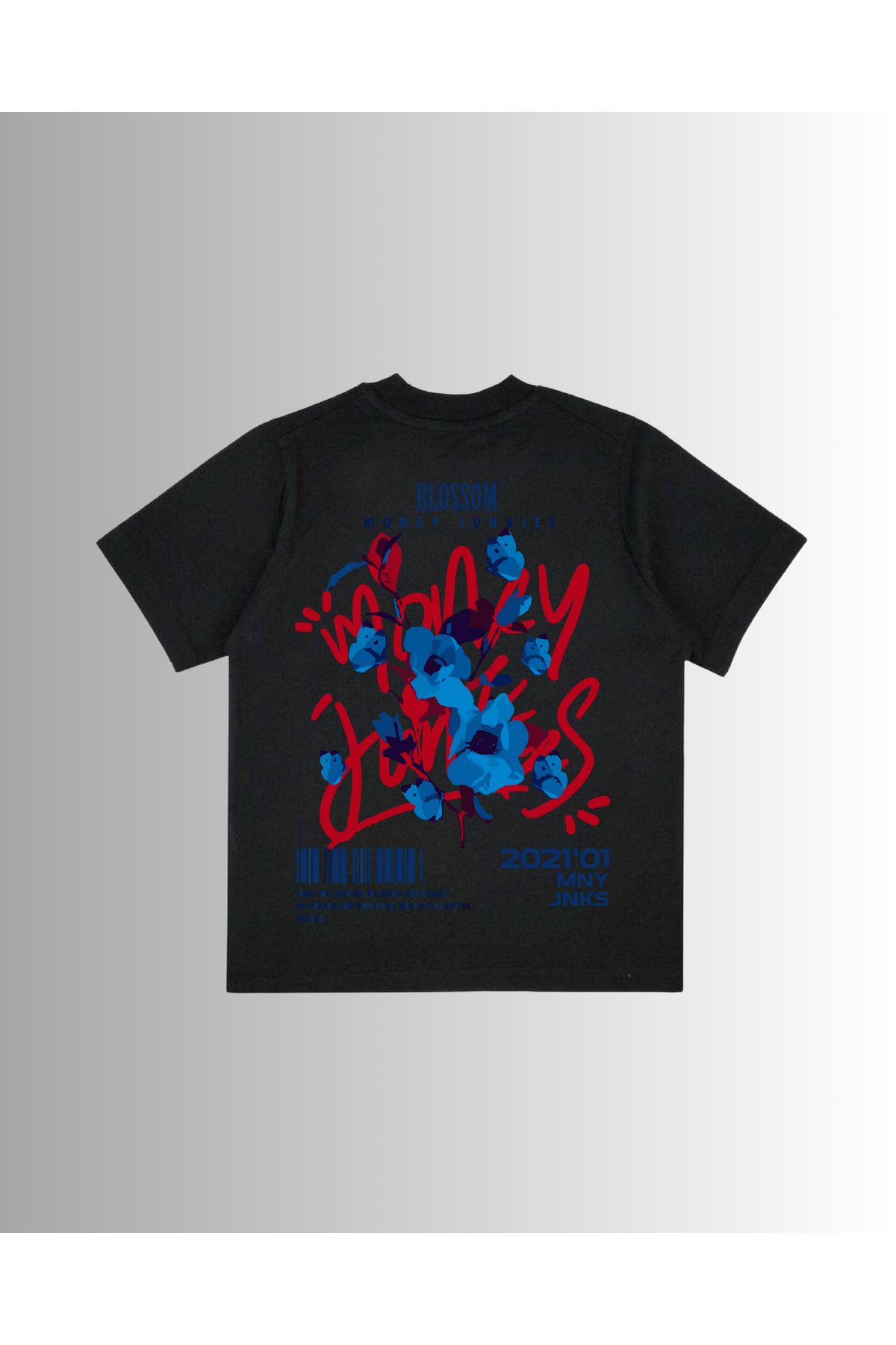 Altair Tr Siyah Oversize Kalıp Money Junkies, Çiçek Baskılı Unisex Oversize Tişört T-Shirt