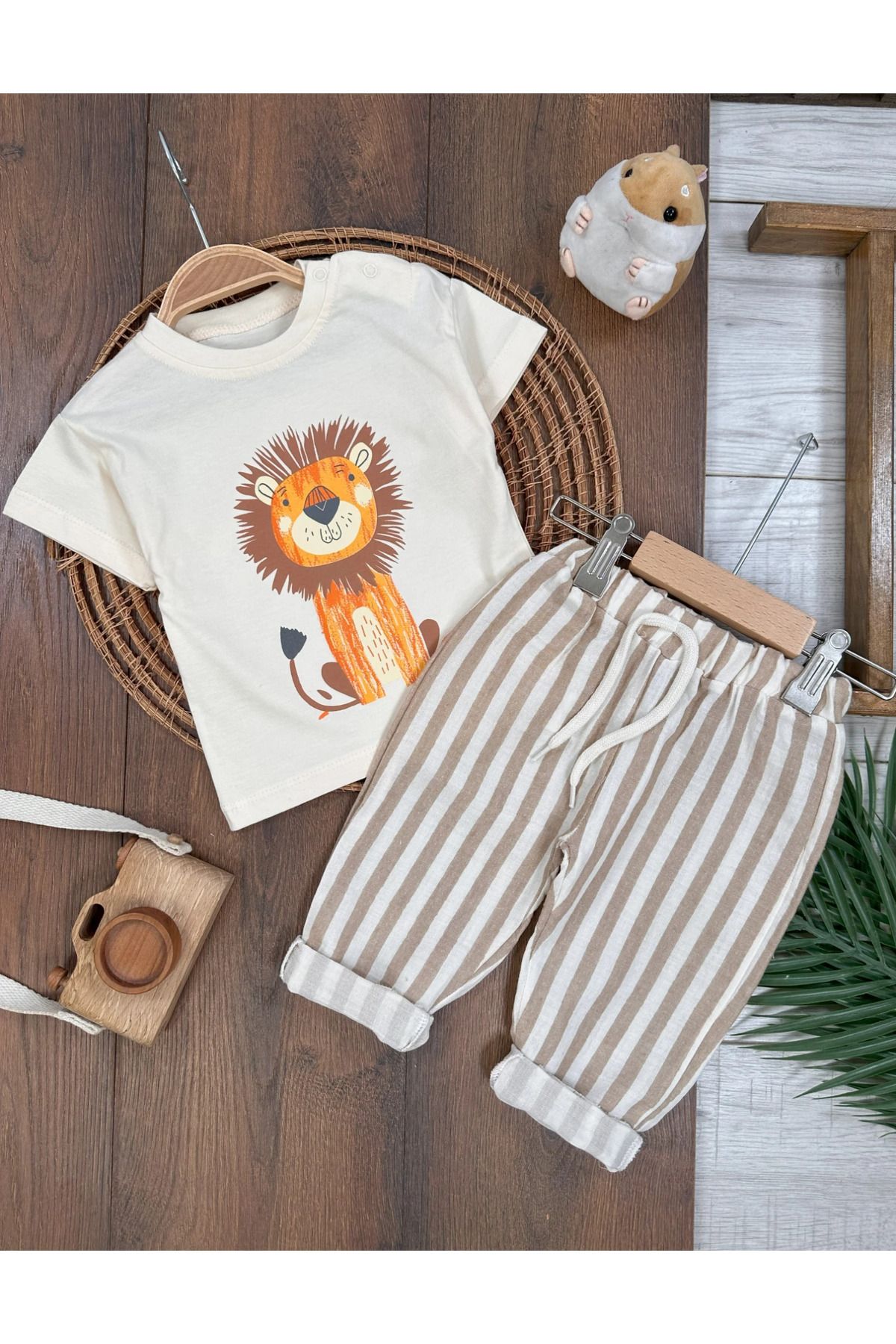 tiwitibaby Müslin Çizgili Pantolon Aslan Baskılı Badi Yazlık Erkek Bebek Takım