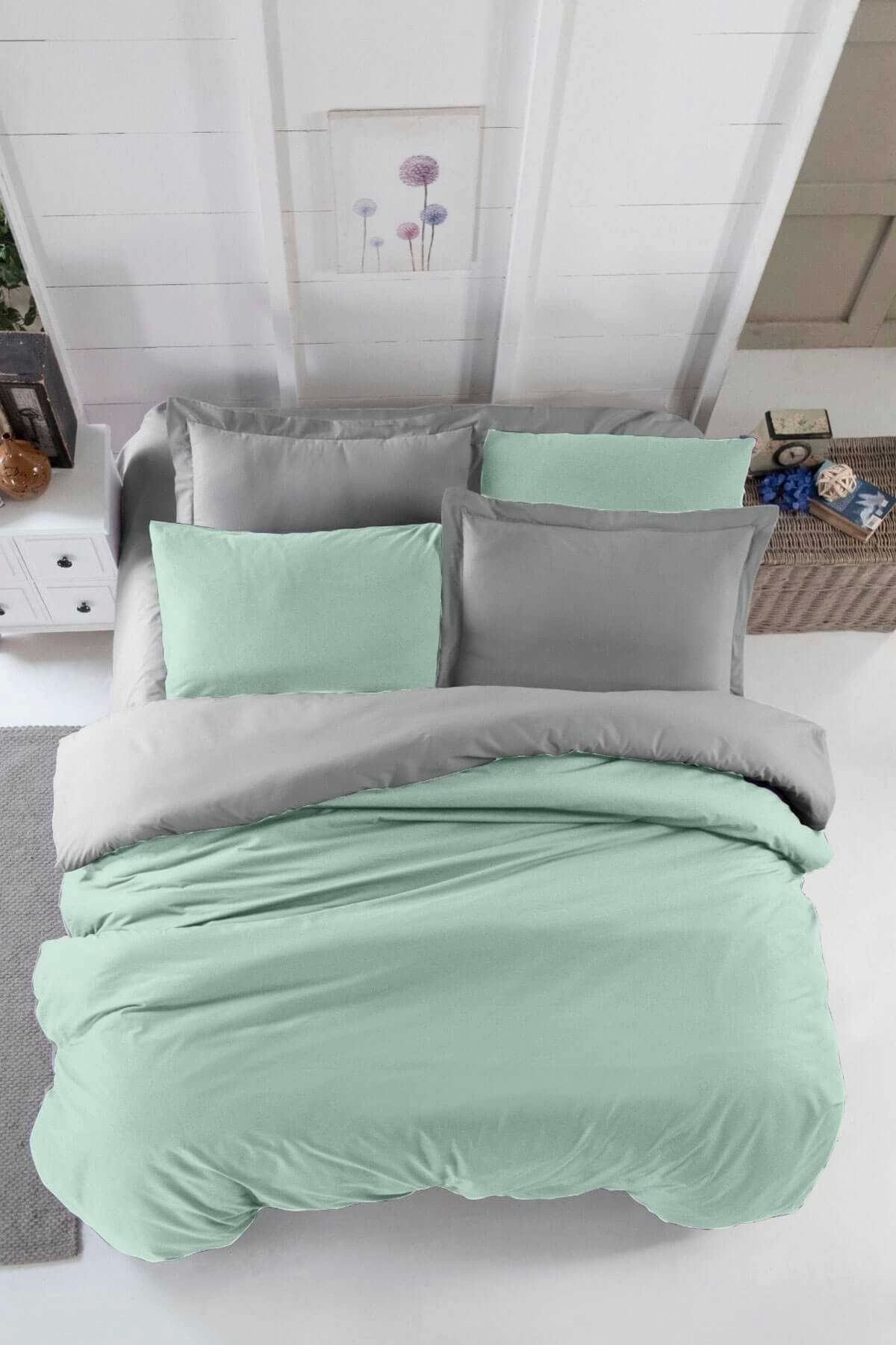 Mira Home Çift Kişilik Lastikli Çarşaflı Nevresim Takımı Pamuklu Four Season Mint Gri