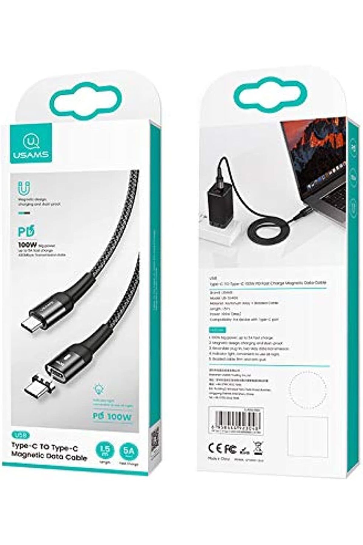 Usams-Magnetic Cable for Fast Charging and Data Transfer, USB-C to USB-C, 100W, 1.5M - USAMS 1