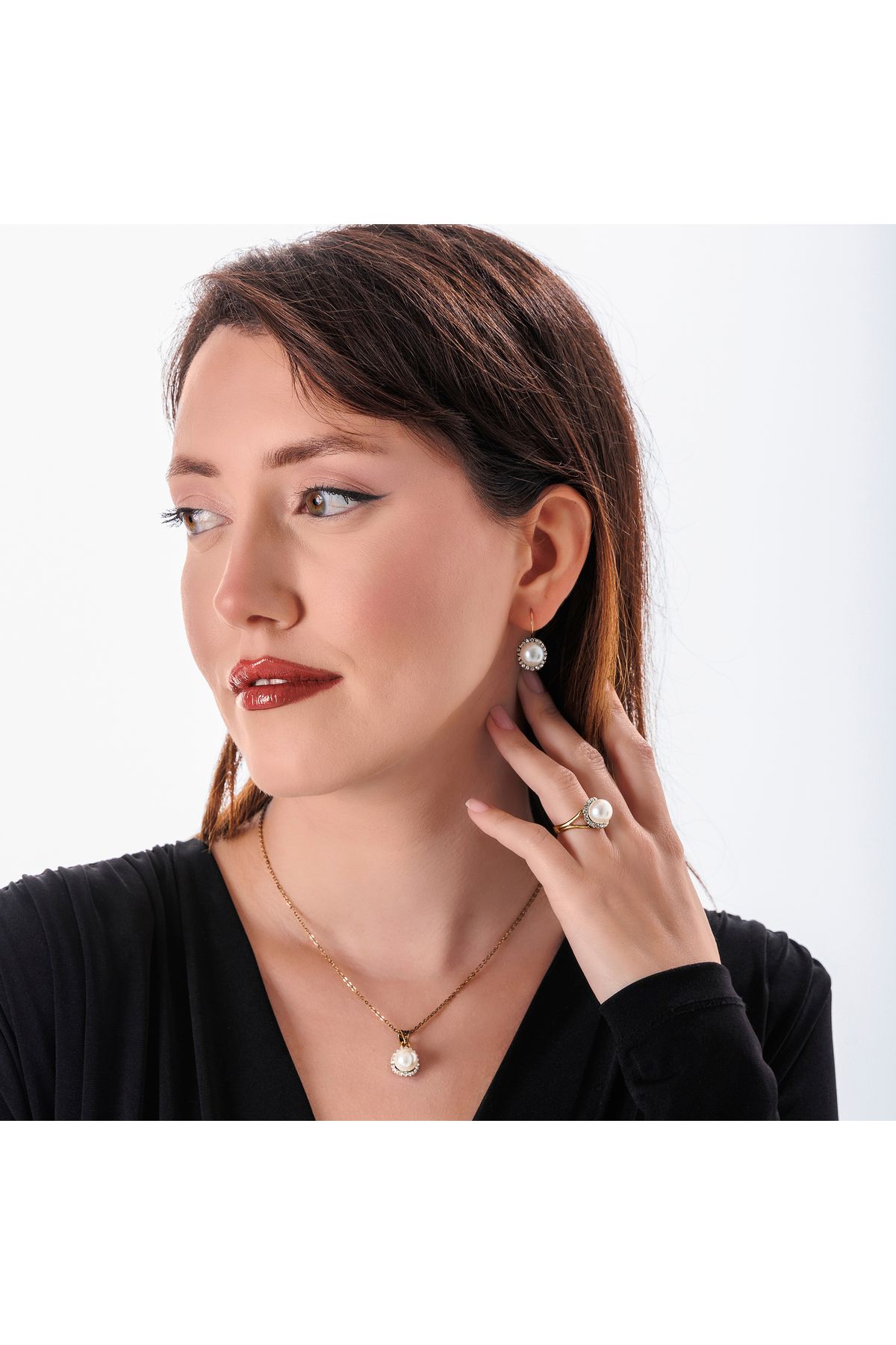 Atelier LEO Handmade Jewellery İNCİ ZARAFETİ TAKIM YÜZÜK NO:8 BAKIR EL YAPIMI KARARMA YAPMAZ KADIN TAKI SETİ