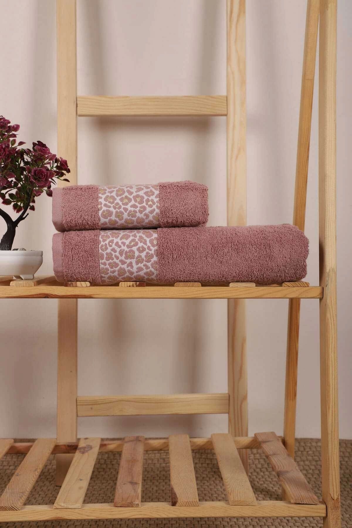 Mira Home 2 Parça %100 Pamuklu Banyo Havlu Seti Leopar Desen Mürdüm