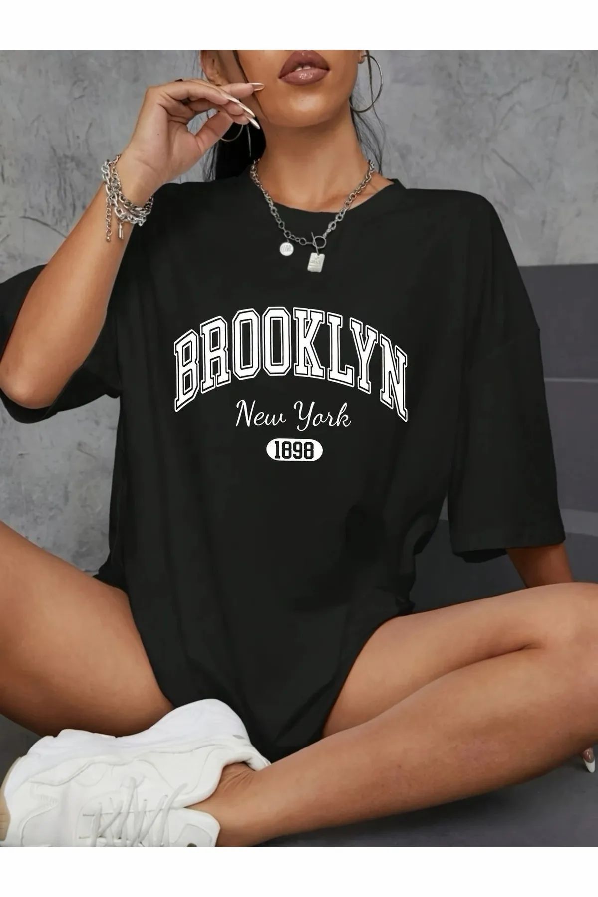 ship master Brooklyn Harf Baskılı Düşük Omuzlu T-shirt, Rahat Kısa Kollu Bol T-shirt, Kadın Giyim