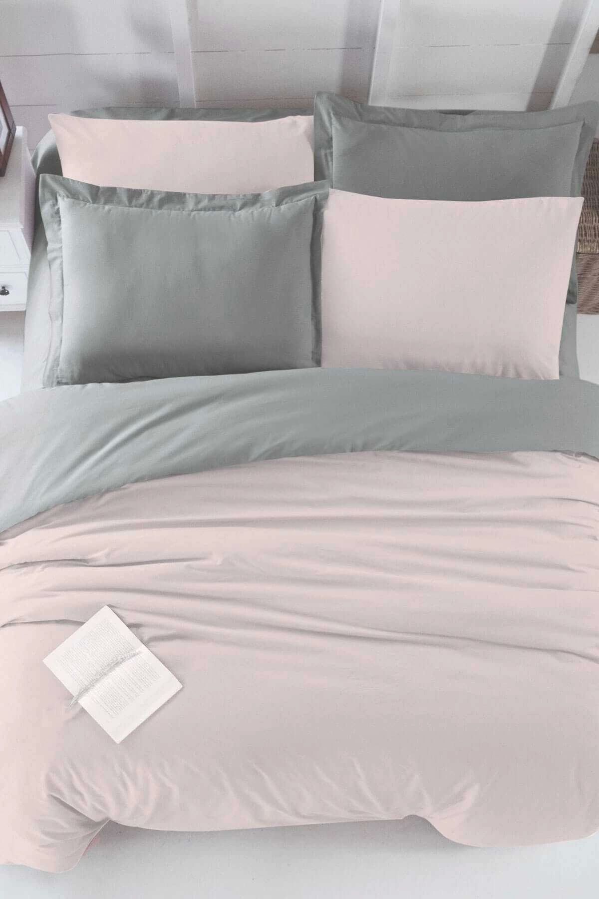 Mira Home Çift Kişilik Lastikli Çarşaflı Nevresim Takımı Pamuklu Four Season Pudra Gri