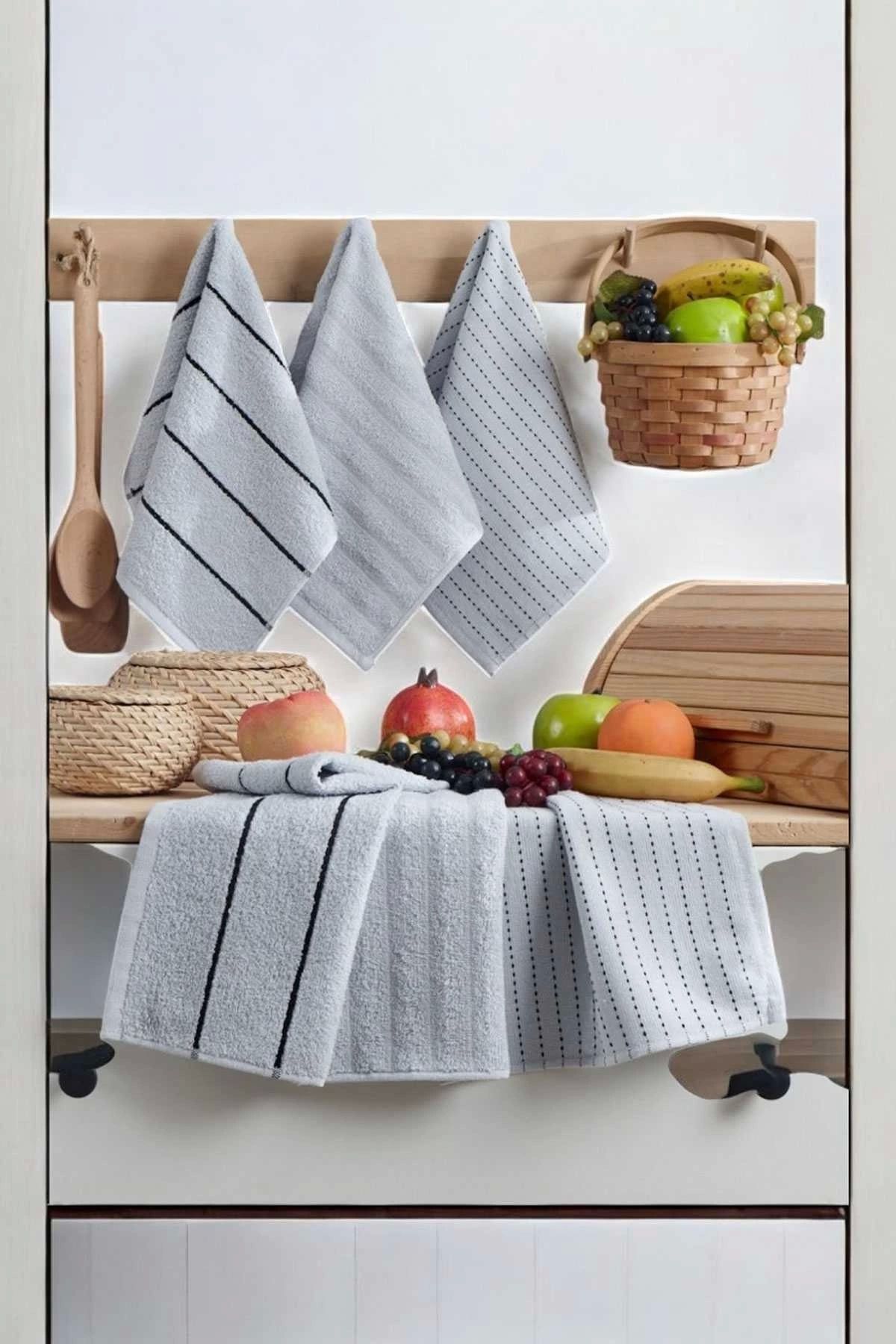 Mira Home 6 lı Luna Naturel Mutfak Havlu Seti %100 Pamuklu 30X50 Cm Açık Gri