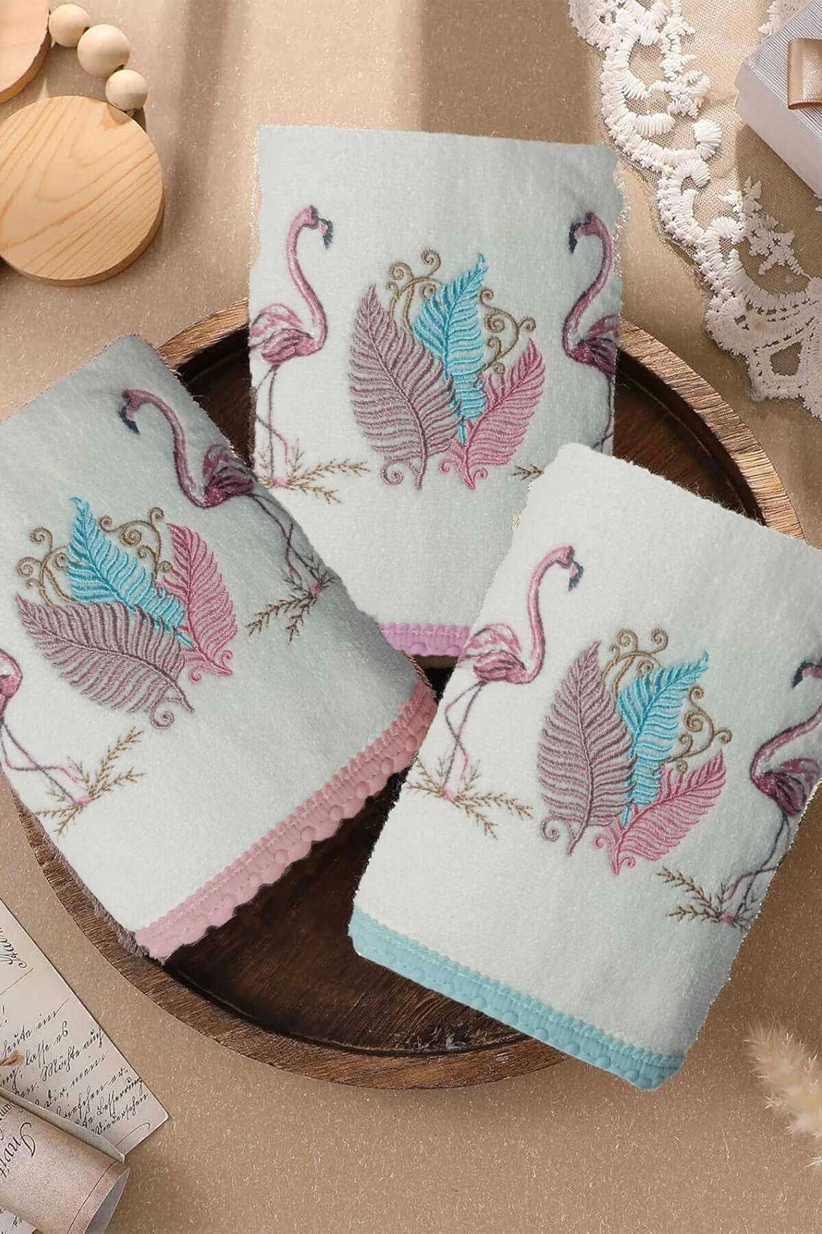 Mira Home 3 Lü Renkli Kuğu Nakışlı Su Taşı Kenar İşlemeli Havlu Seti 50X90 Cm