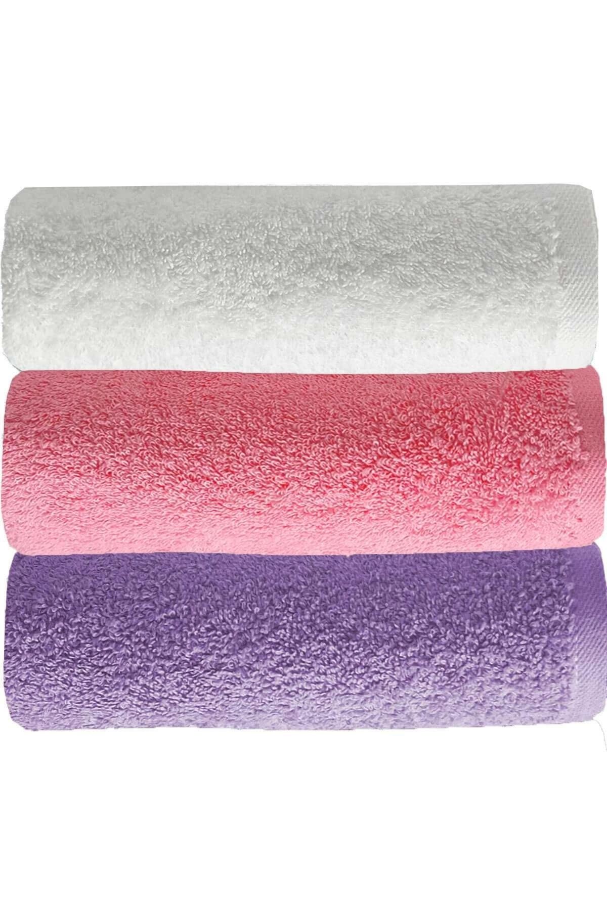 Mira Home 3 lü Düz Renk El Yüz Havlu Seti %100 Pamuklu 50x90 Cm Mor-Pembe-Beyaz