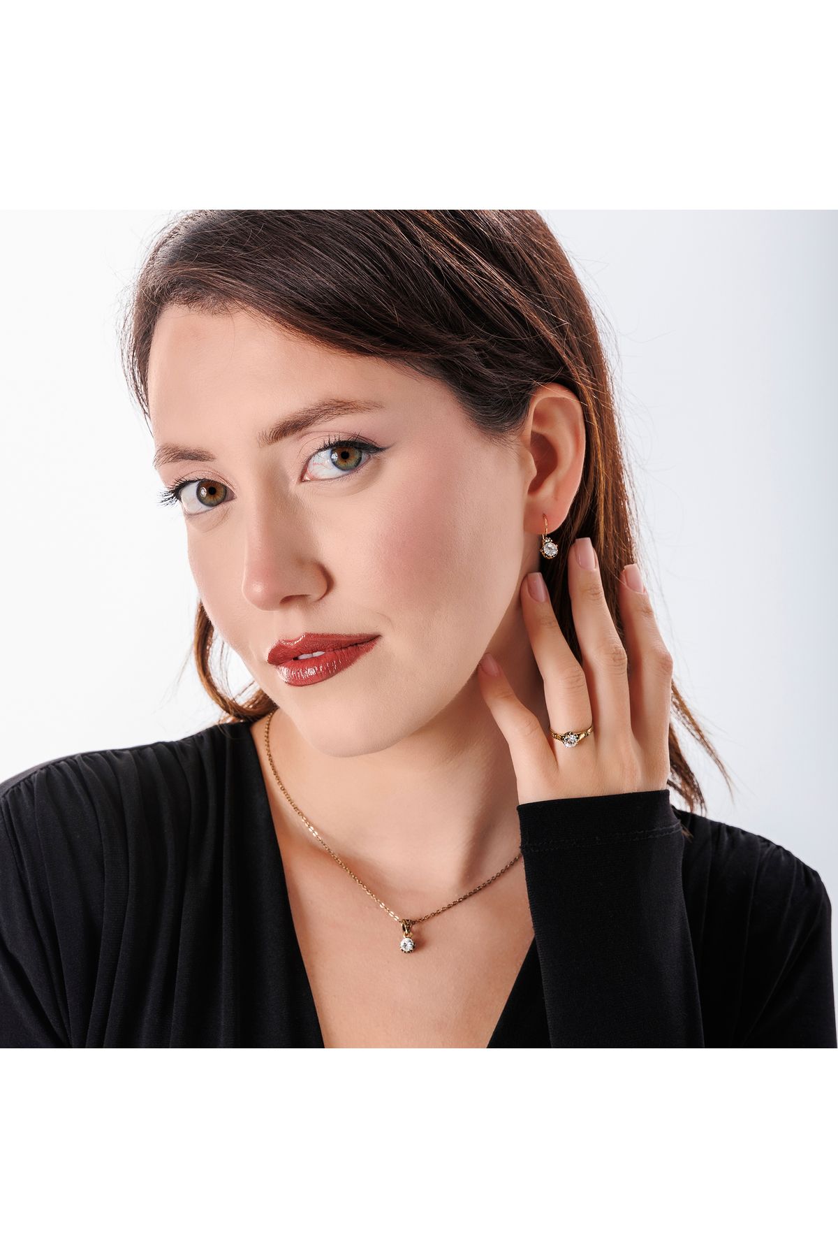 Atelier LEO Handmade Jewellery KLASİK GÜVERSELİ MİNİ TEKTAŞ TAKIM YÜZÜK NO:6 BAKIR EL YAPIMI KARARMA YAPMAZ KADIN TAKI SETİ