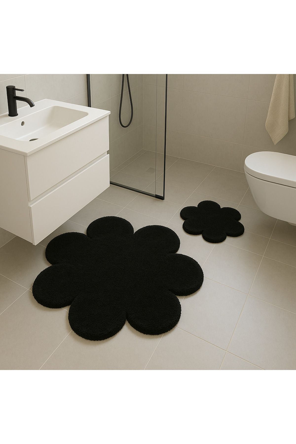 Paco Home Çiçek Desenli Siyah Yumuşak Salon Halısı Modern Minimalist Dekoratif Halı 2'li Set (80x80-60x60)