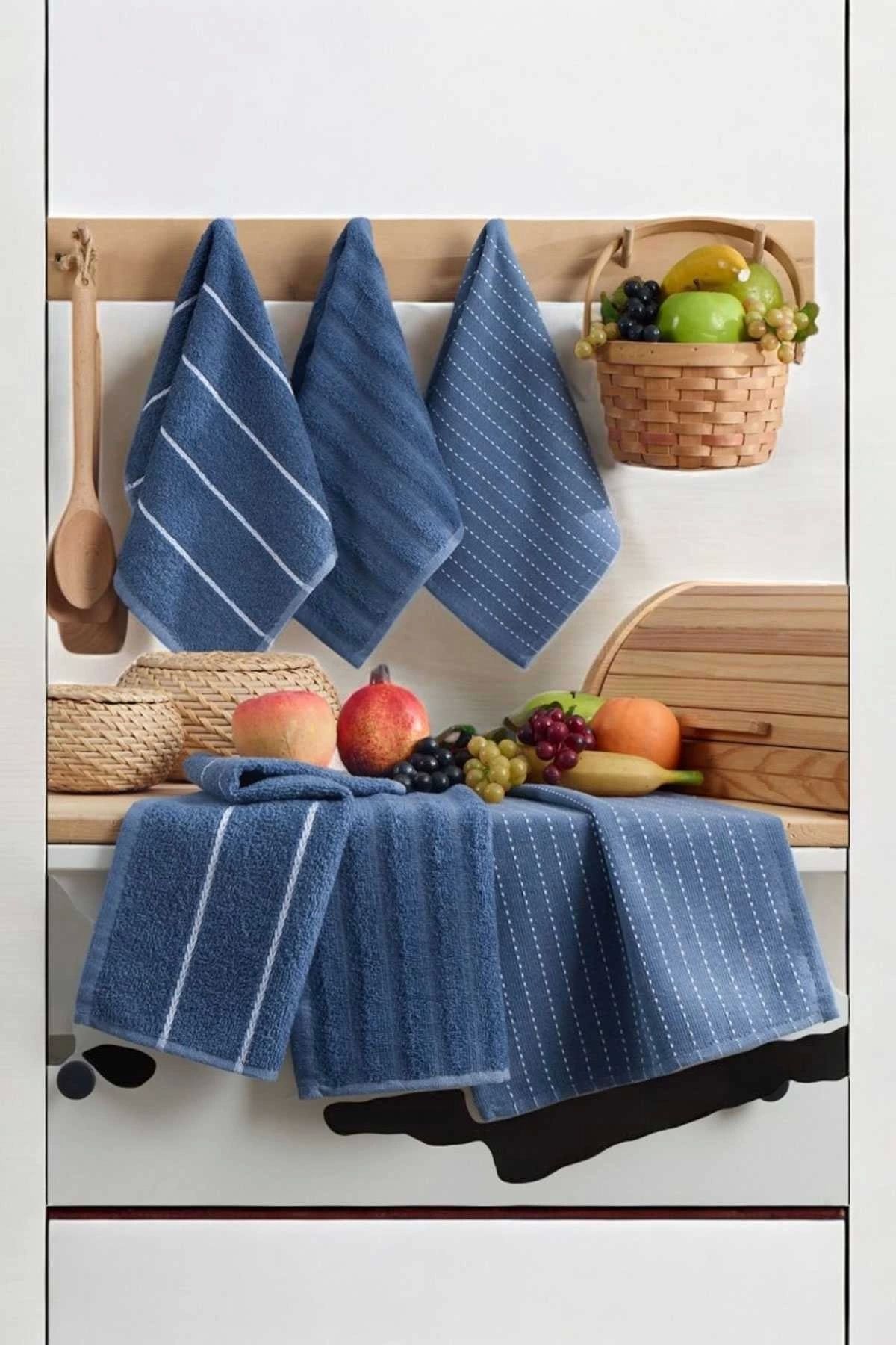 Mira Home 6 lı Luna Naturel Mutfak Havlu Seti %100 Pamuklu 30X50 Cm Lacivert