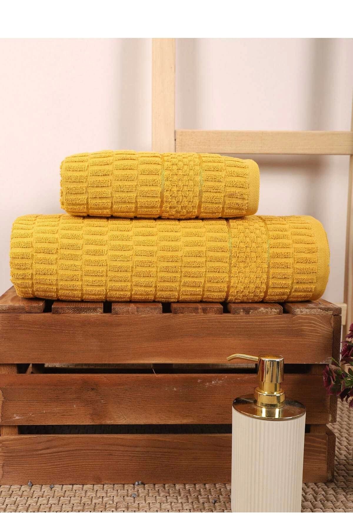 Mira Home 2 Parça Banyo Havlu Takımı %100 Pamuklu Çubuk Desen Sarı