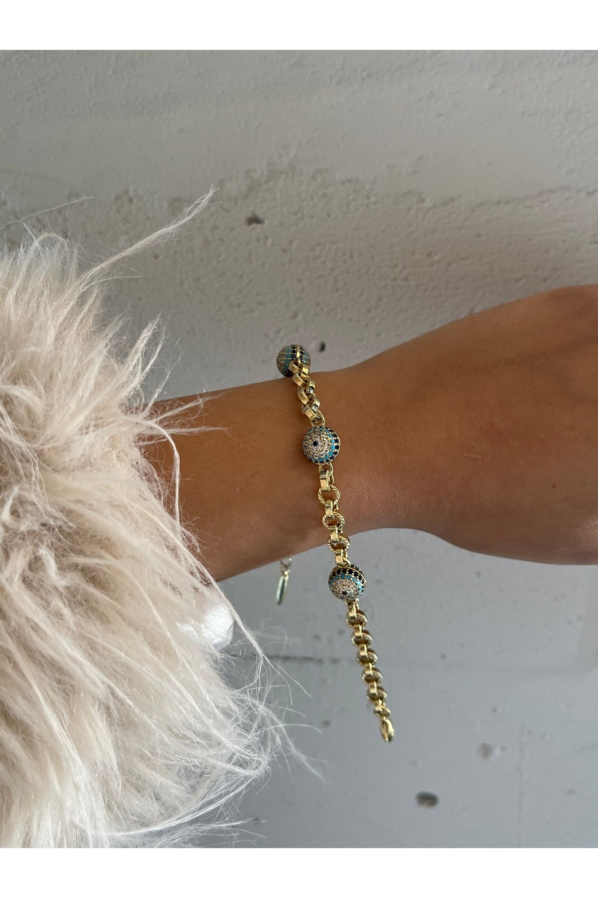 XUPING JEWELRY 14 K Altın Kaplama Kuyum Model Nazar Boncuklu Bileklik 19+4Cm Klipsli