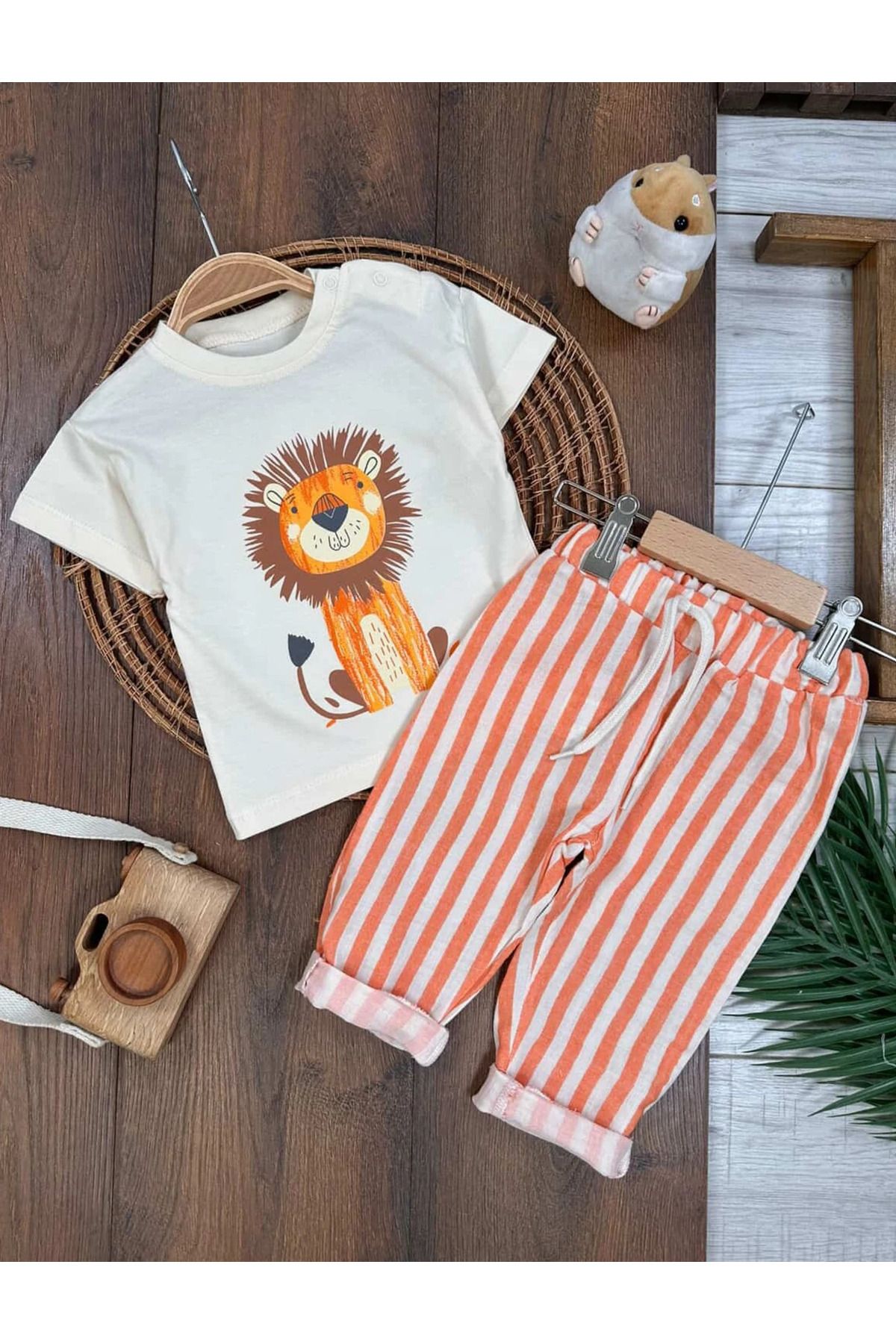 tiwitibaby Müslin Çizgili Pantolon Aslan Baskılı Badi Yazlık Erkek Bebek Takım