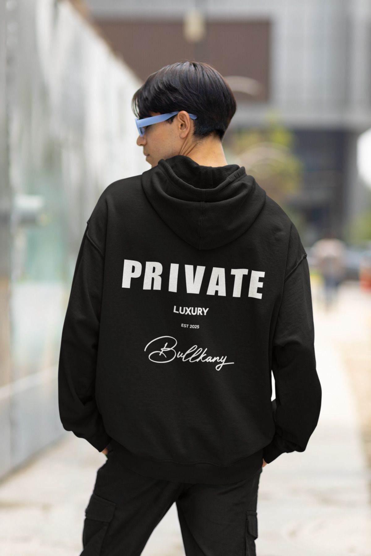 ick artwear PRIVATE BASKILI SİYAH 3 İP ŞARDONLU KAPÜŞONLU SWEATSHİRT