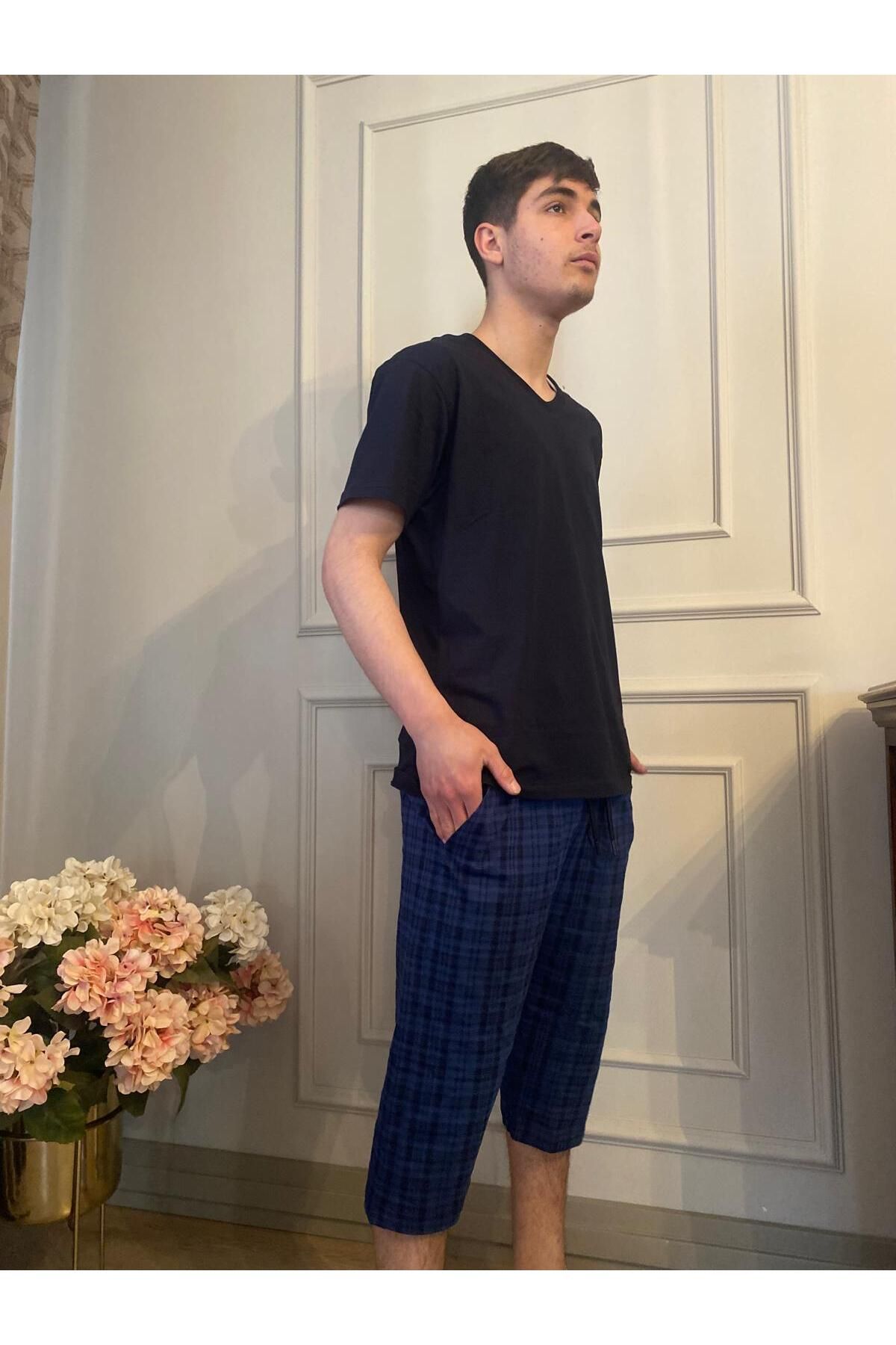 DÜVEN Regular Fit Kısa Kollu V Yaka Kapri Pijama Takımı - Doğal %100 Pamuk