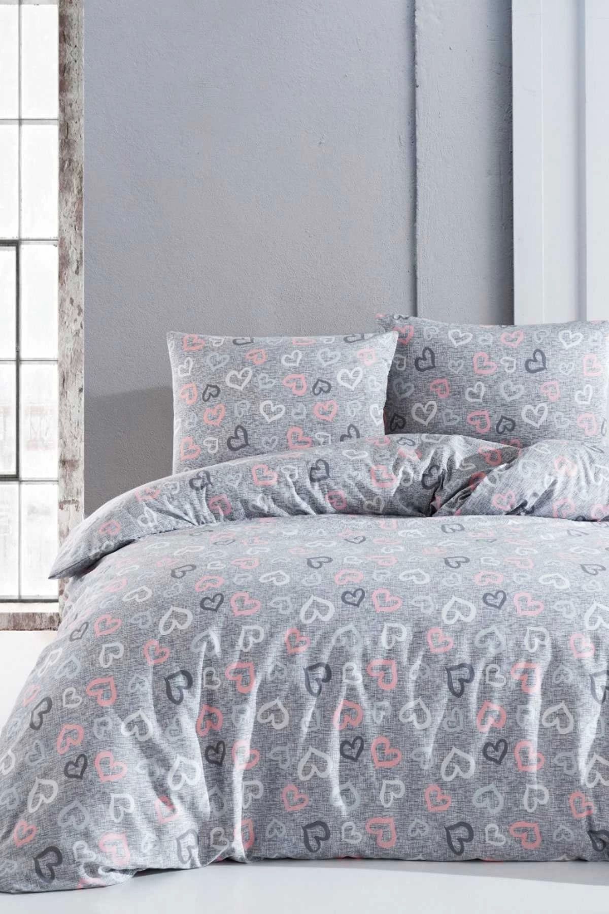 Mira Home Çift Kişilik Nevresim Takımı Pamuklu Romantik Gri