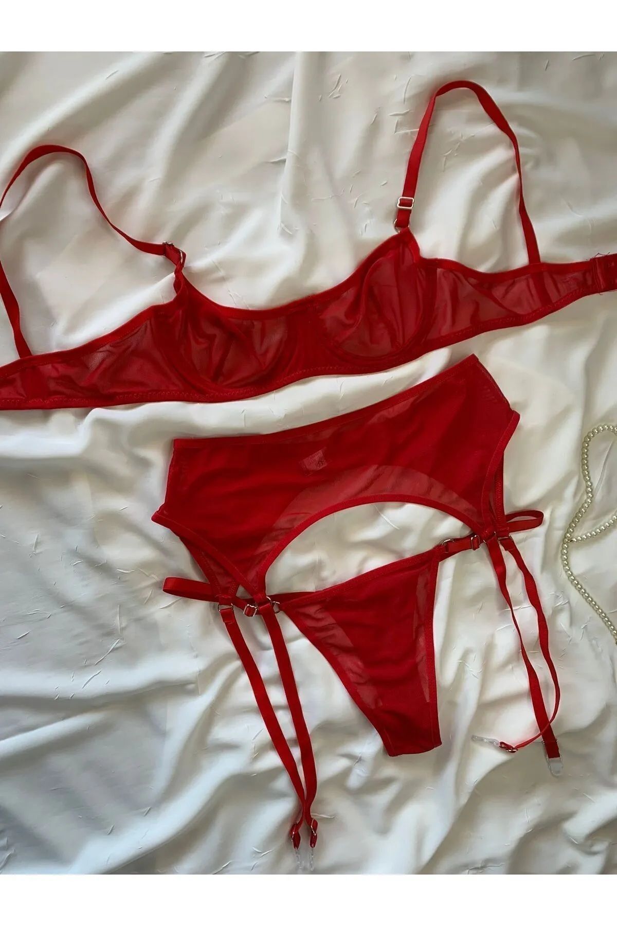 EMOŞ Kırmızı Transparan Düz Balenli Kapsız Seksi Fantezi Tül Sütyen Külot Çamaşır Jartiyer Takımı