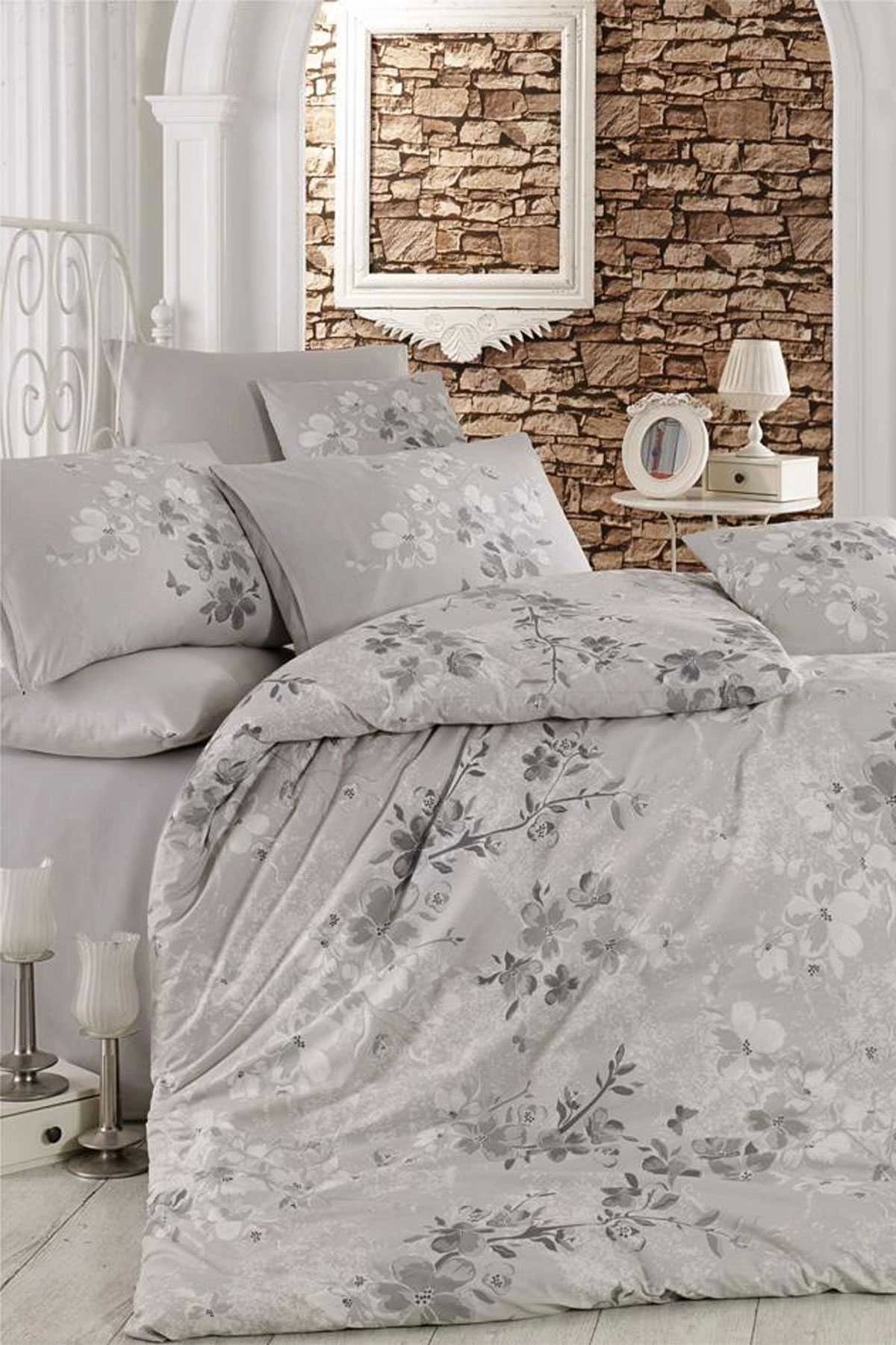 Mira Home Çift Kişilik Nevresim Takımı Pamuklu Gümüş Çiçek