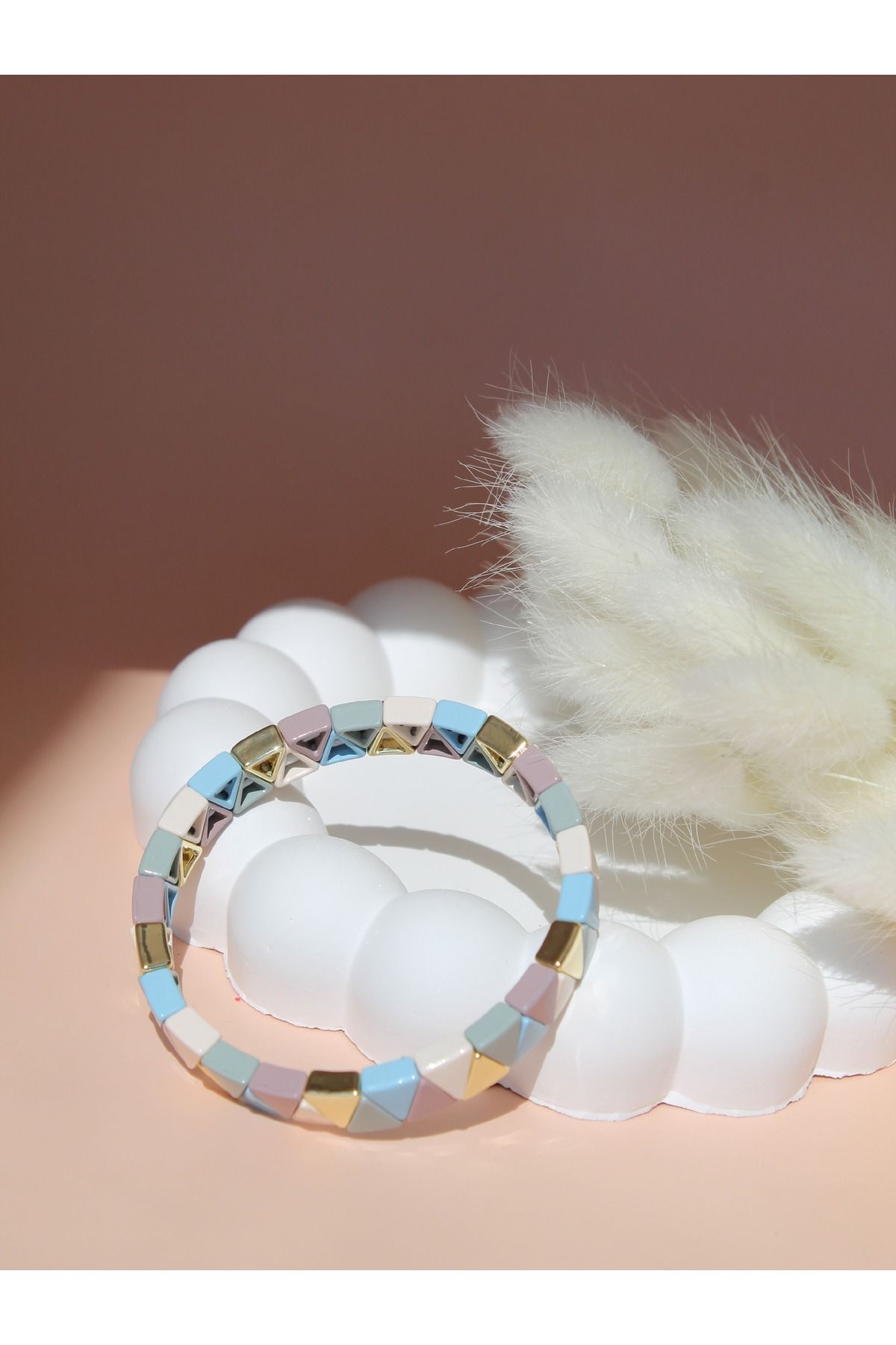 Luvix Design Pastel Bloklu Seramik Kaplama Lastikli Bileklik