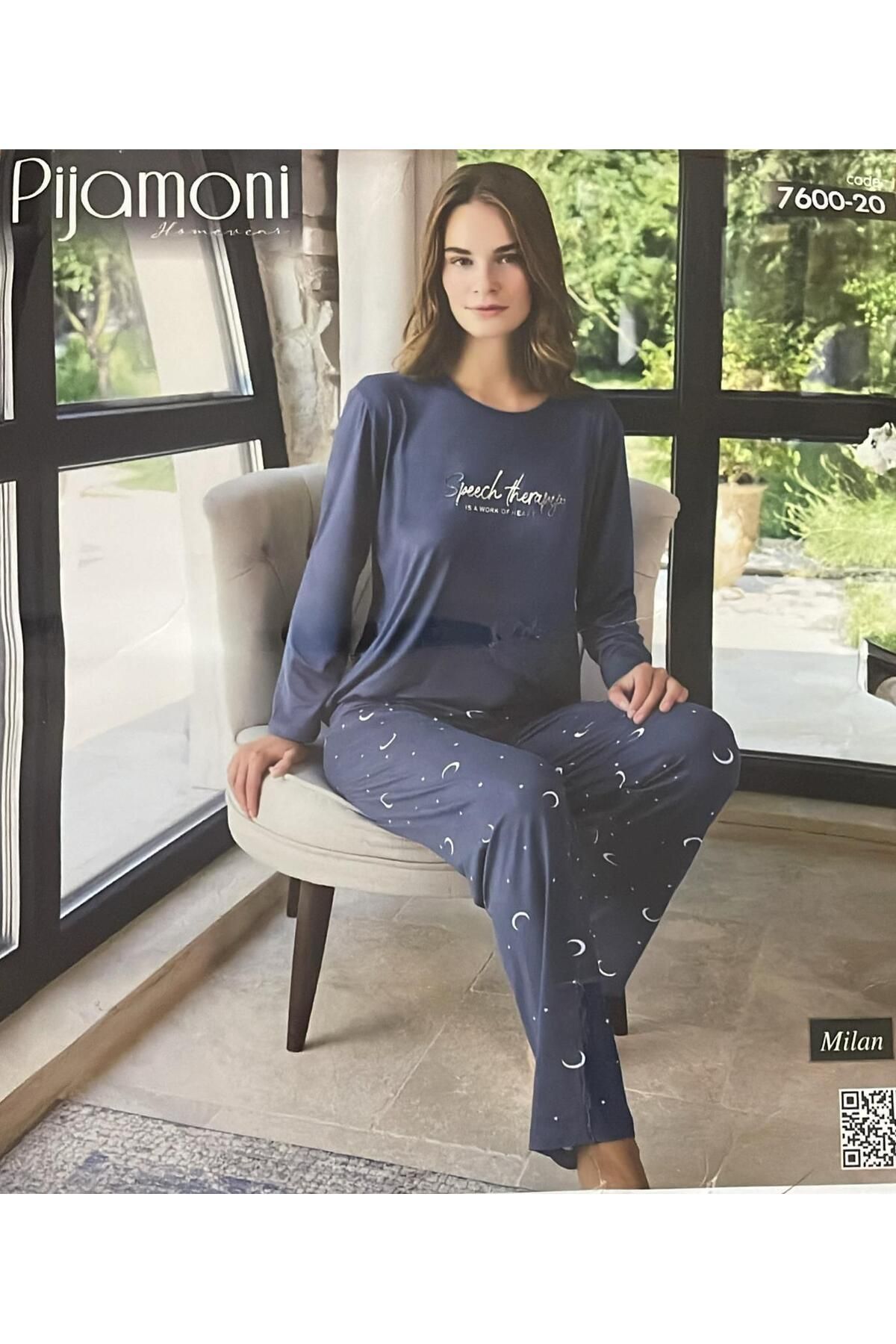 Pijamoni GRİ AY DESENLİ MODAL KUMAŞ ŞIK PİJAMA TAKIMI
