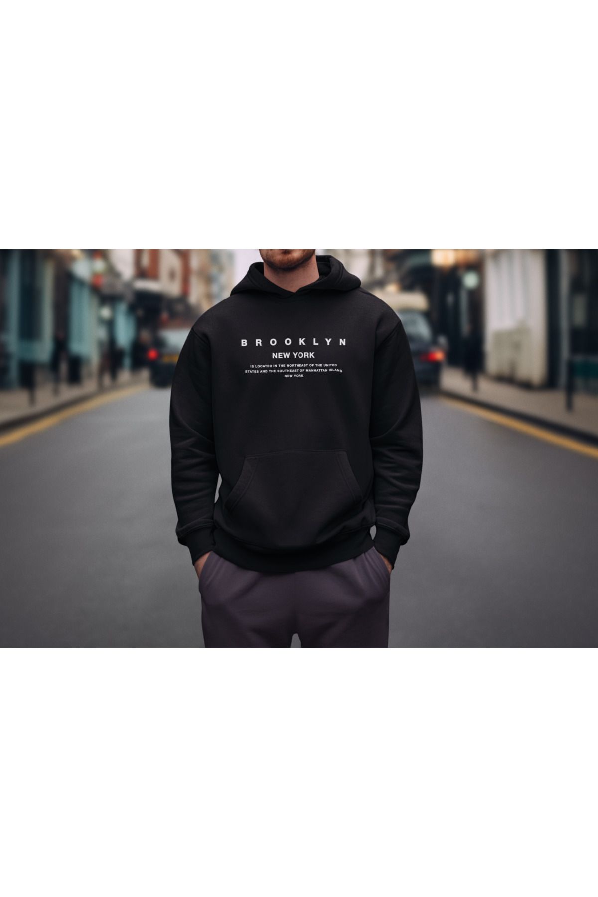 ick artwear BROOKLYN BASKILI SİYAH 3 İP ŞARDONLU KAPÜŞONLU SWEATSHİRT