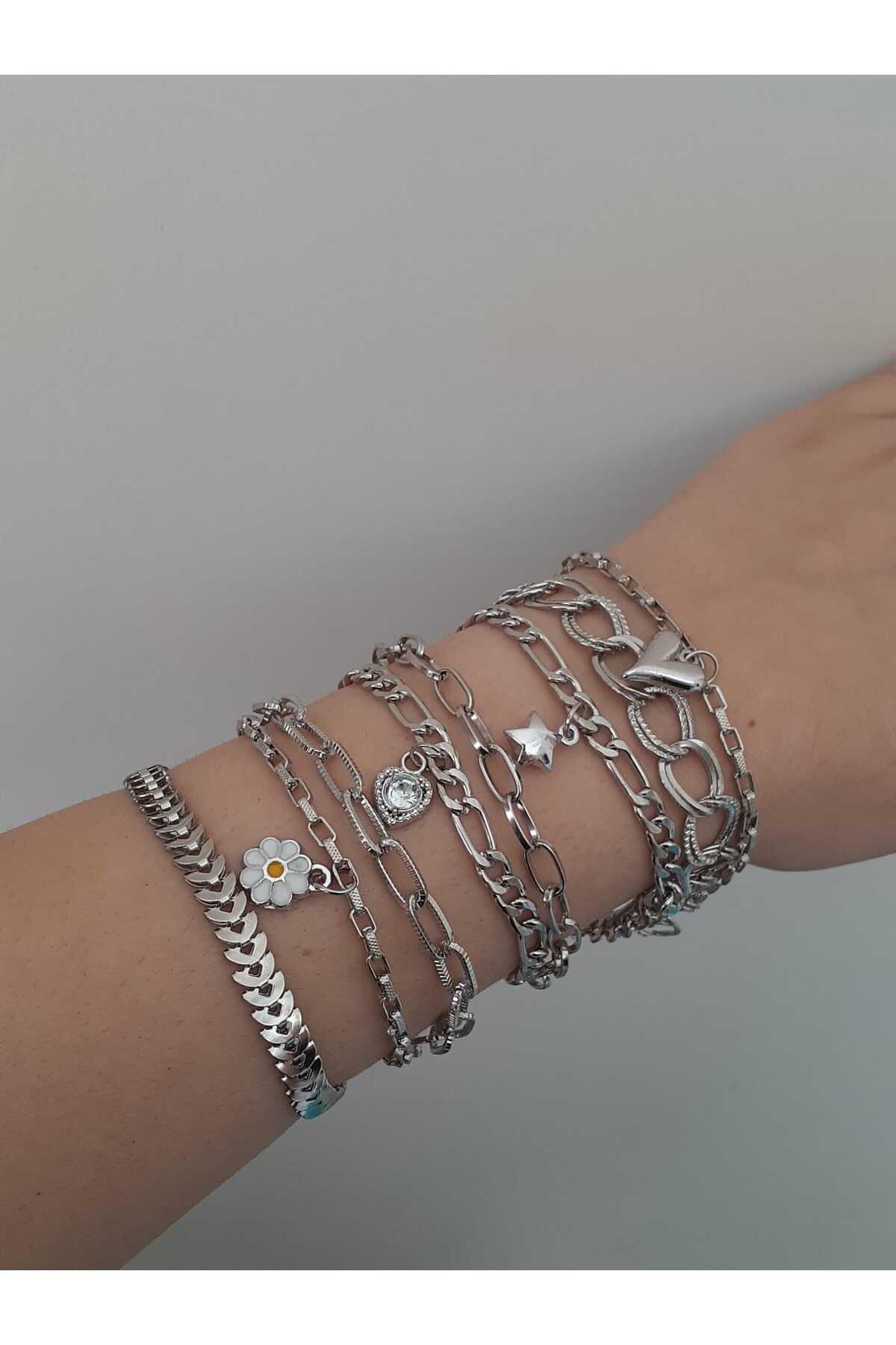 bijoux uniques  kalp&yıldız&papatya figürlü 8 adet Gümüş kaplama Bileklik Seti