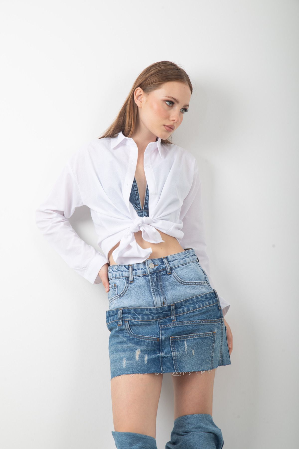 top girl Tasarım Mini Kot Etek Cut Out