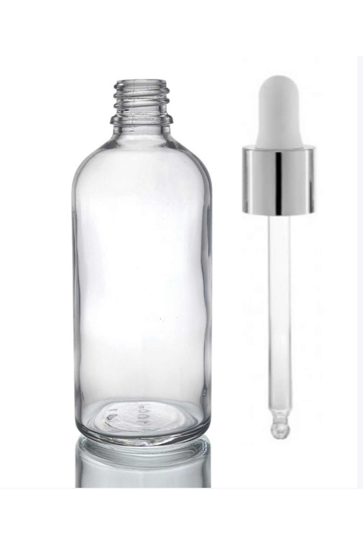 makrobay 100 Ml Damlalıklı Gümüş Metal Başlıklı Şeffaf Cam Şişesi 10 Adet