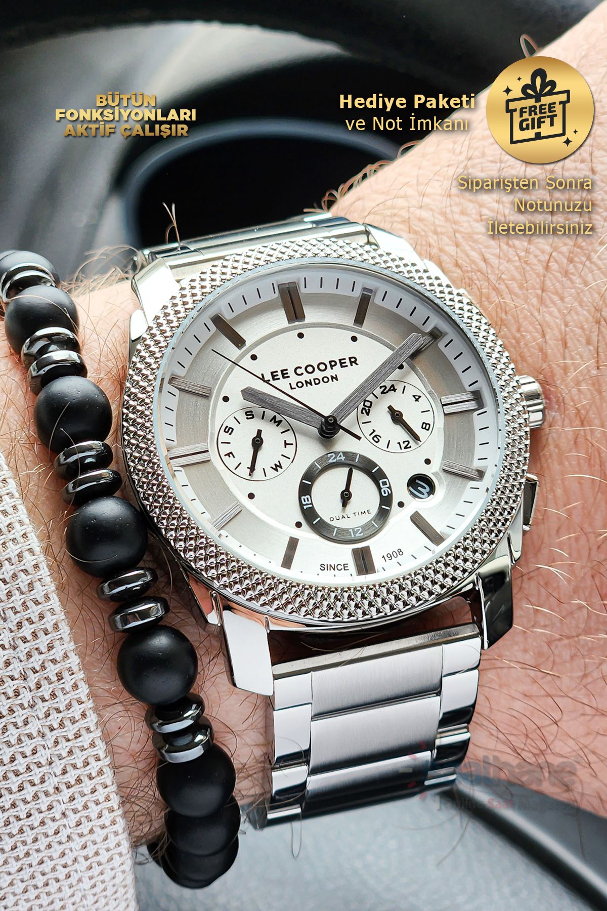 Lee Cooper-Original Lee Cooper White Dial Silver Steel Band Function Men's Wristwatch with Calendar 3