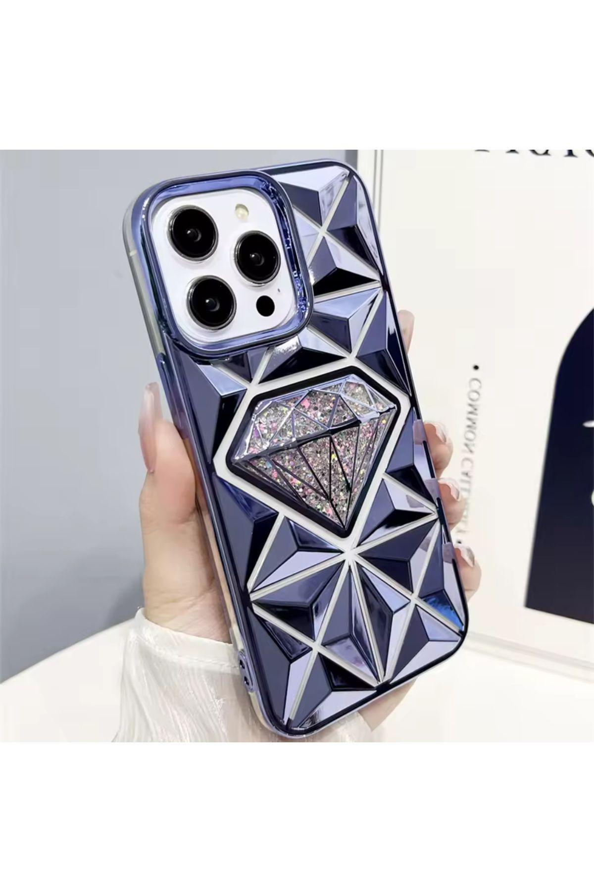 EDELFU iPhone 14 Pro Max Parlak Elmas Desenli Simli Kapak Koruyucu Silikon Kılıf