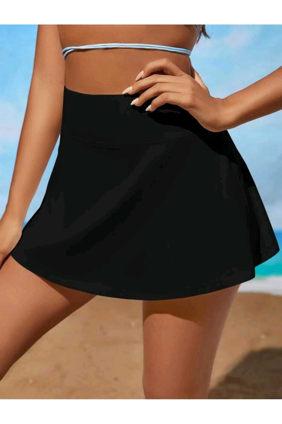 LADY HAZAL Siyah Darkalıp Yüksel Bel Bikini Altı Şortlu Plaj Ve Spor Eteği Lady Tam Toparlayıcı Etek