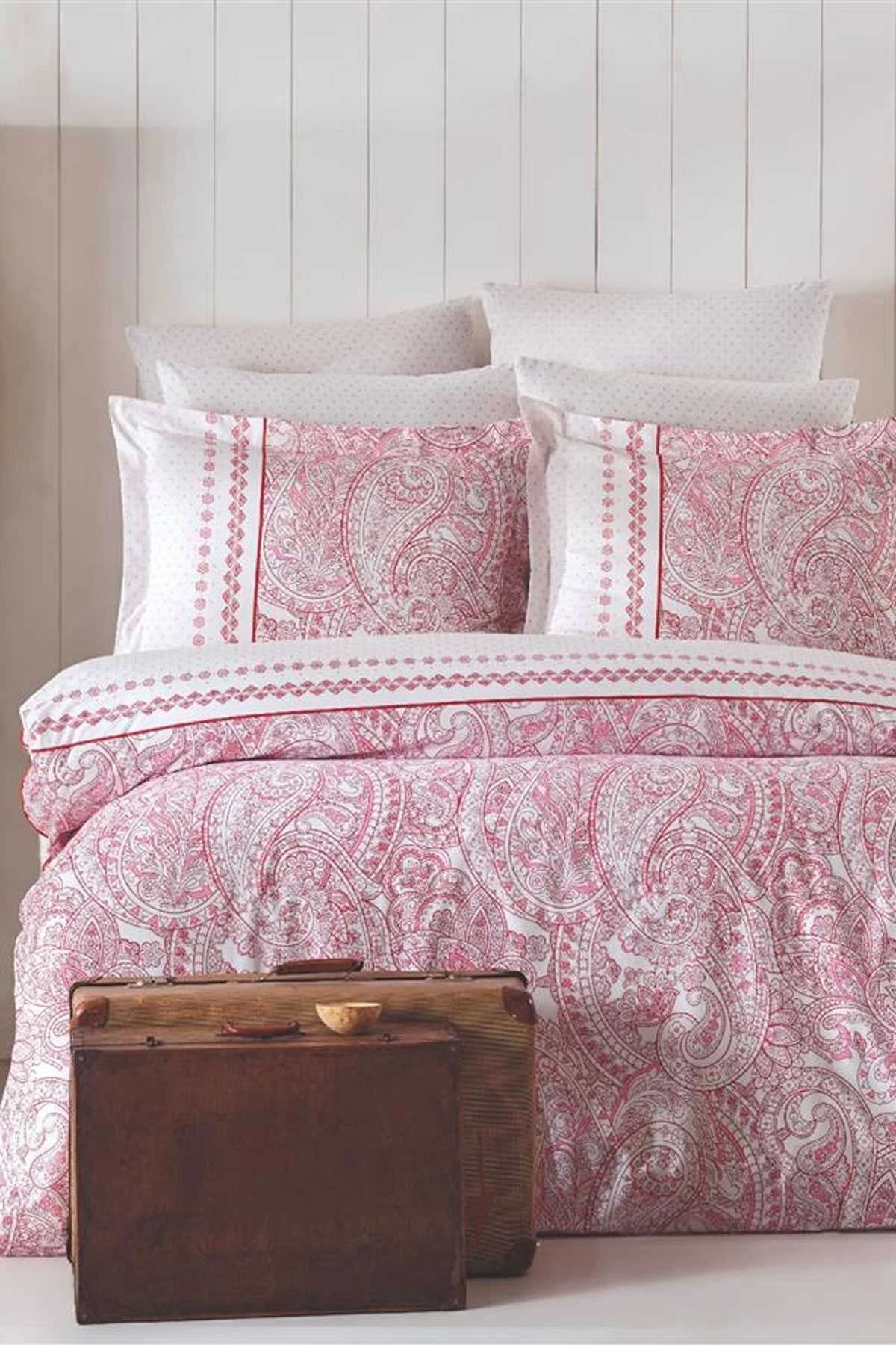 Mira Home Çift Kişilik Nevresim Takımı Pamuklu Vintage Pembe Paisley