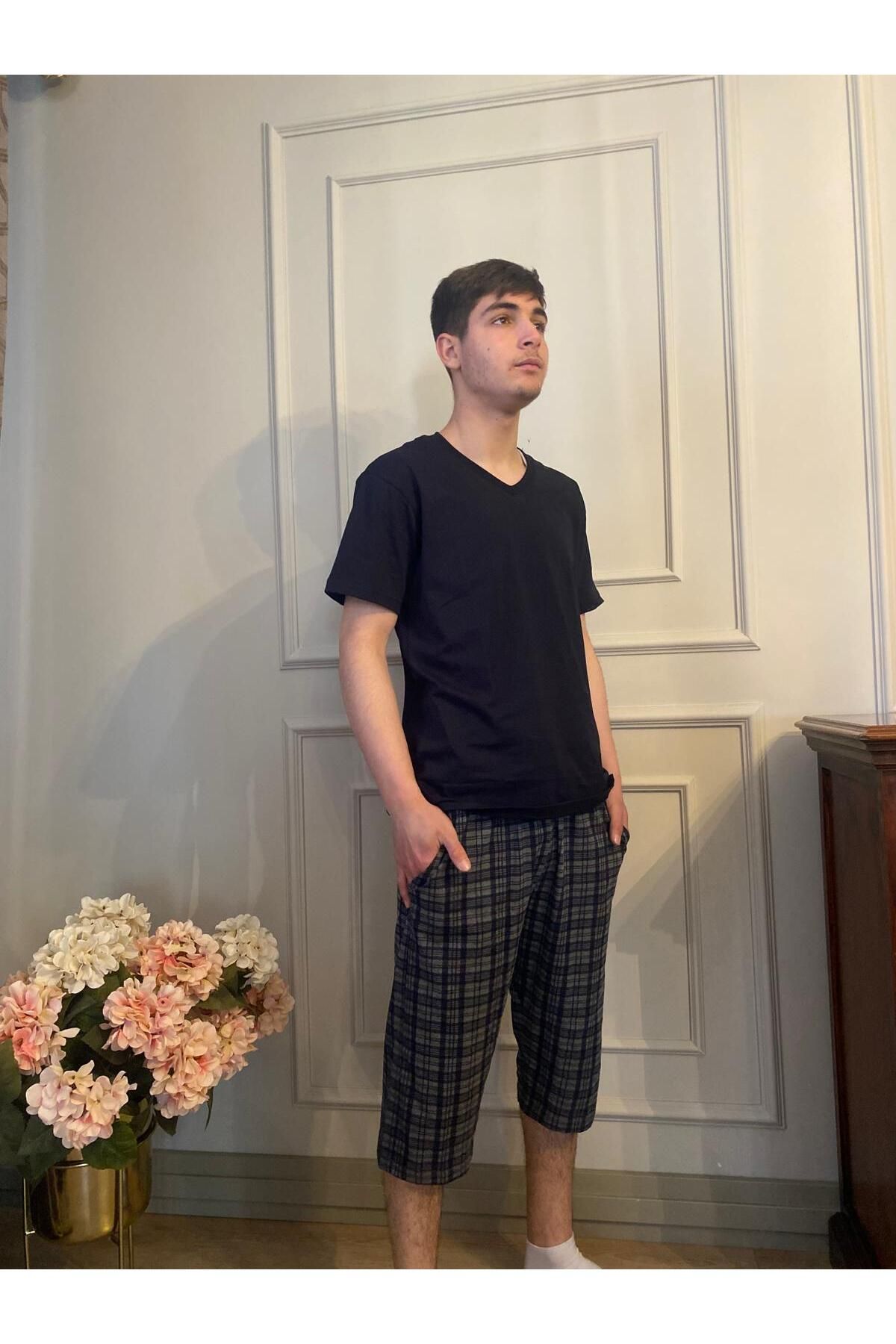 DÜVEN Regular Fit Kısa Kollu V Yaka Kapri Pijama Takımı - Doğal %100 Pamuk