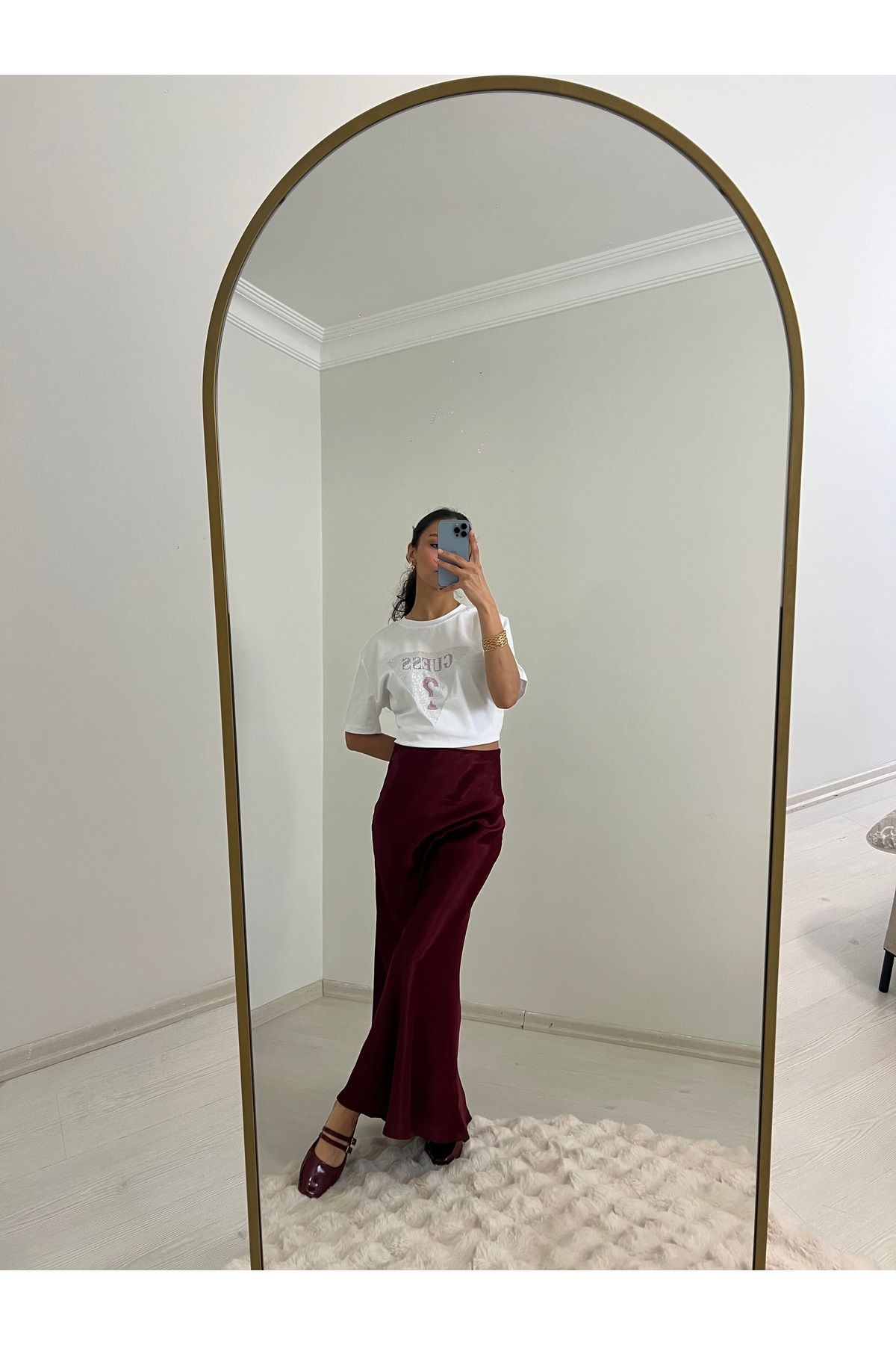 Üda Boutique Bordo saten maxi boy etek