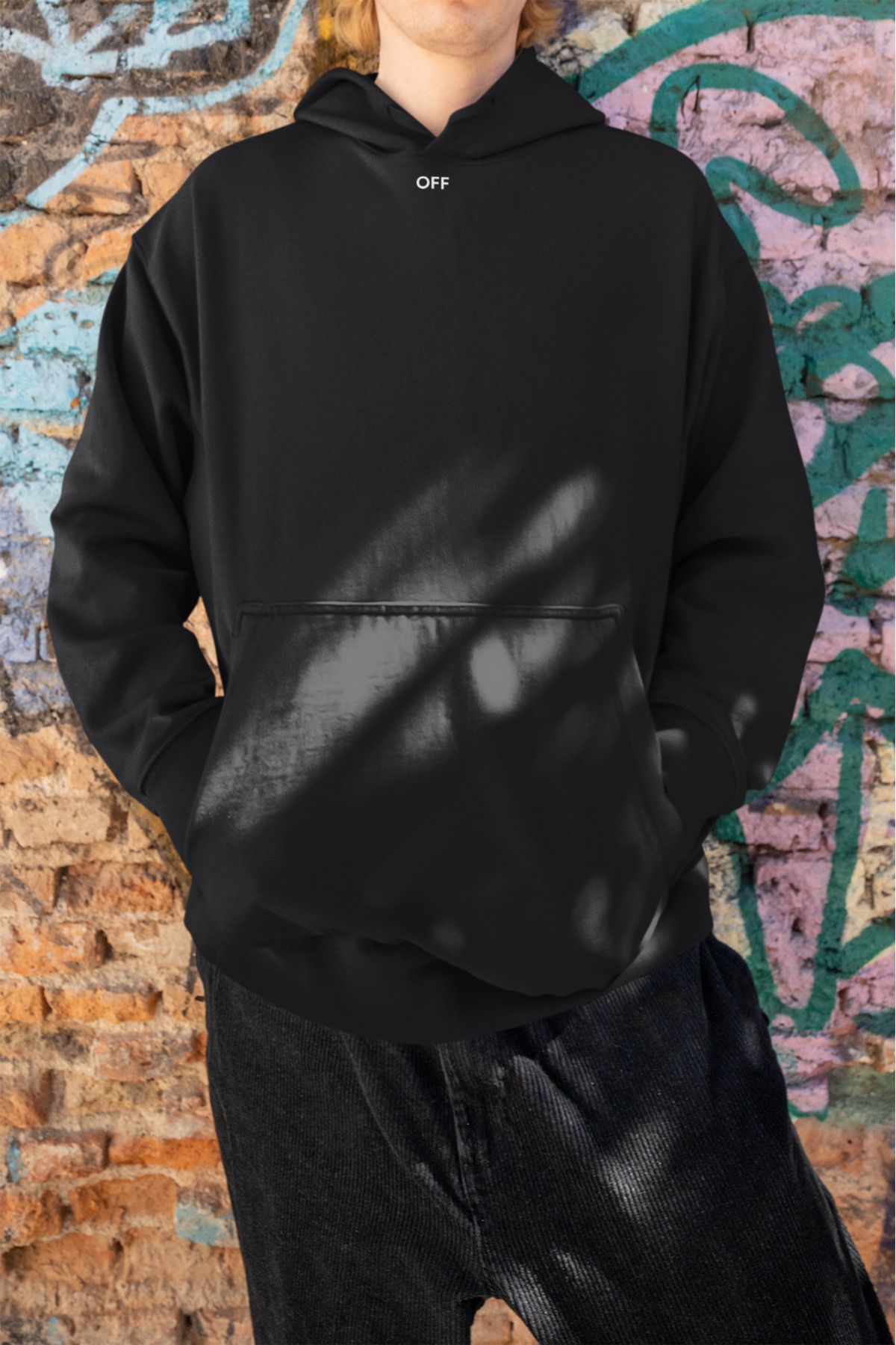 ick artwear OFF BASKILI SİYAH 3 İP ŞARDONLU KAPÜŞONLU SWEATSHİRT