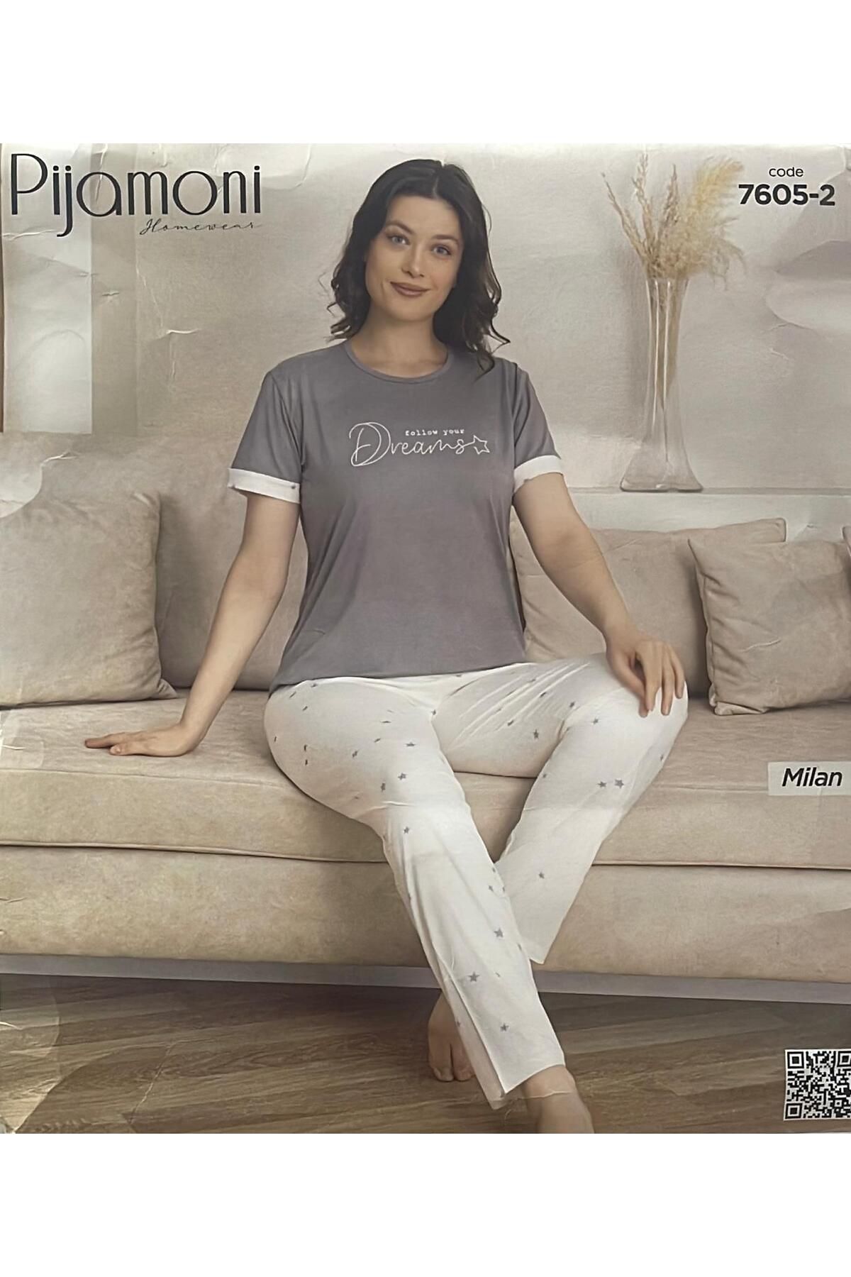 Pijamoni YAZLIK MODAL KUMAŞ GRİ RENK KADIN PİJAMA TAKIMI